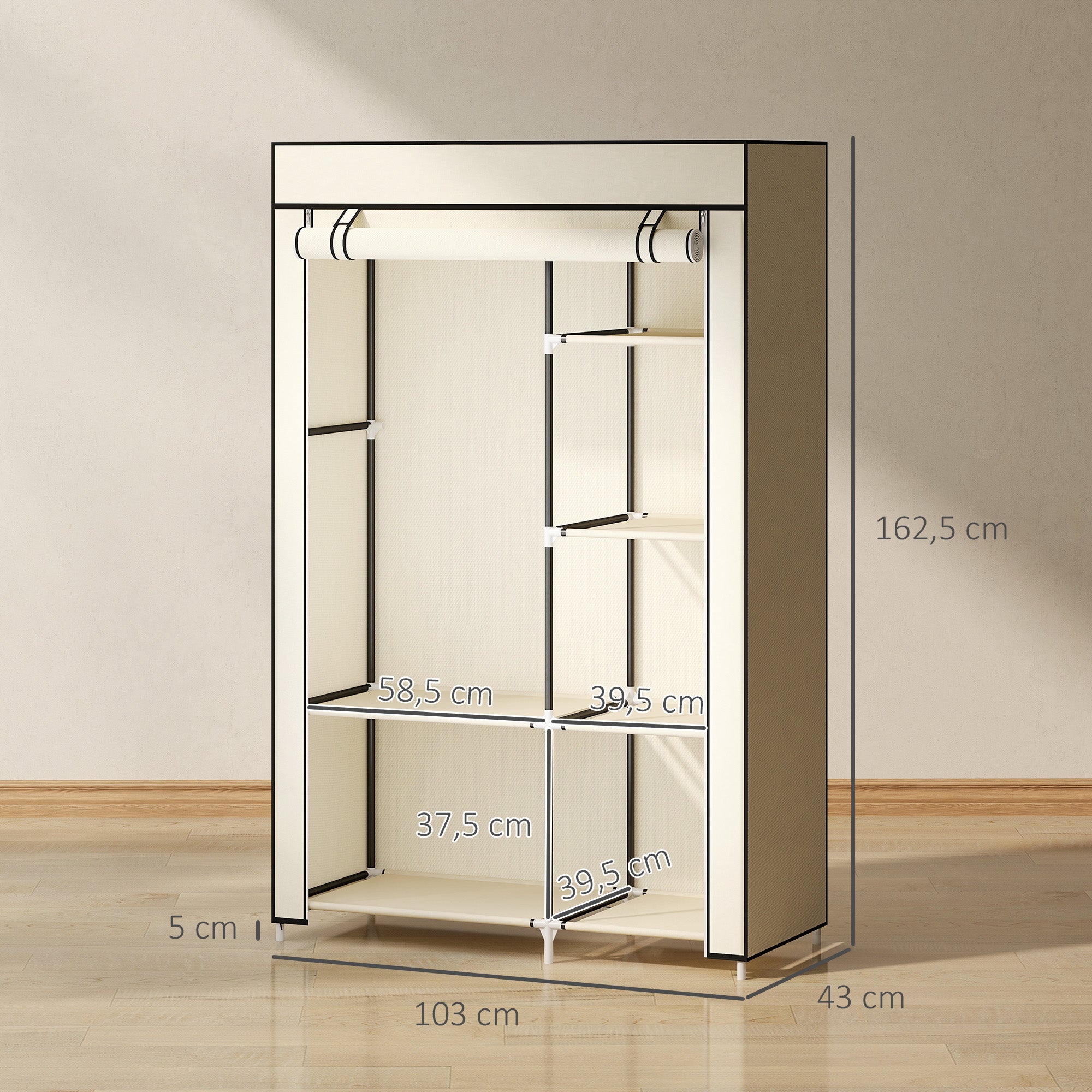 Roupeiro de Tecido Dobrável 103x43x162,5cm - Cor Creme Branco