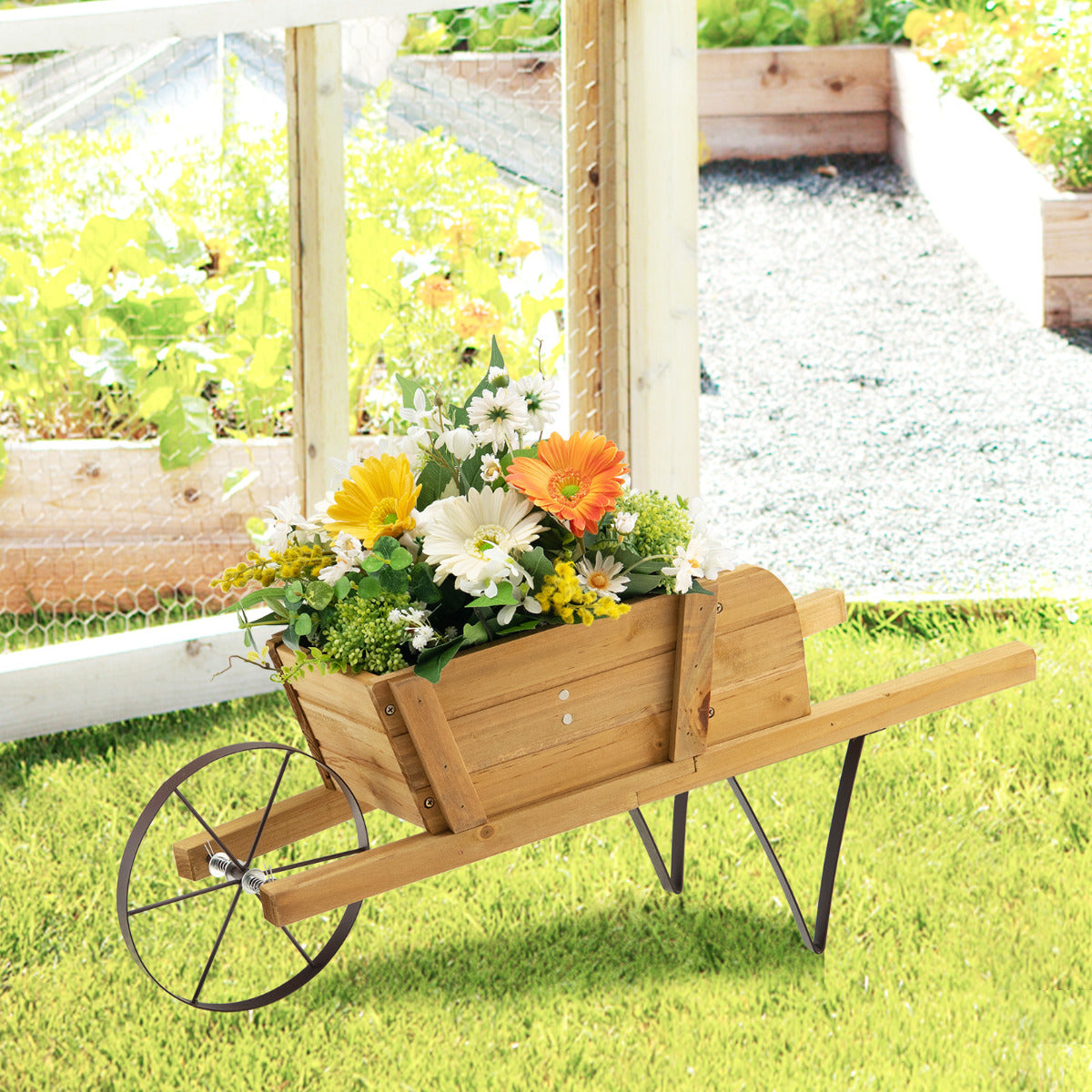 Jardinagem em Madeira de Pinho Carriola para Interior e Exterior com 9 Acessórios Magnéticos Roda para Jardim Pátio 69,5 x 26 x 29,5 cm Natural
