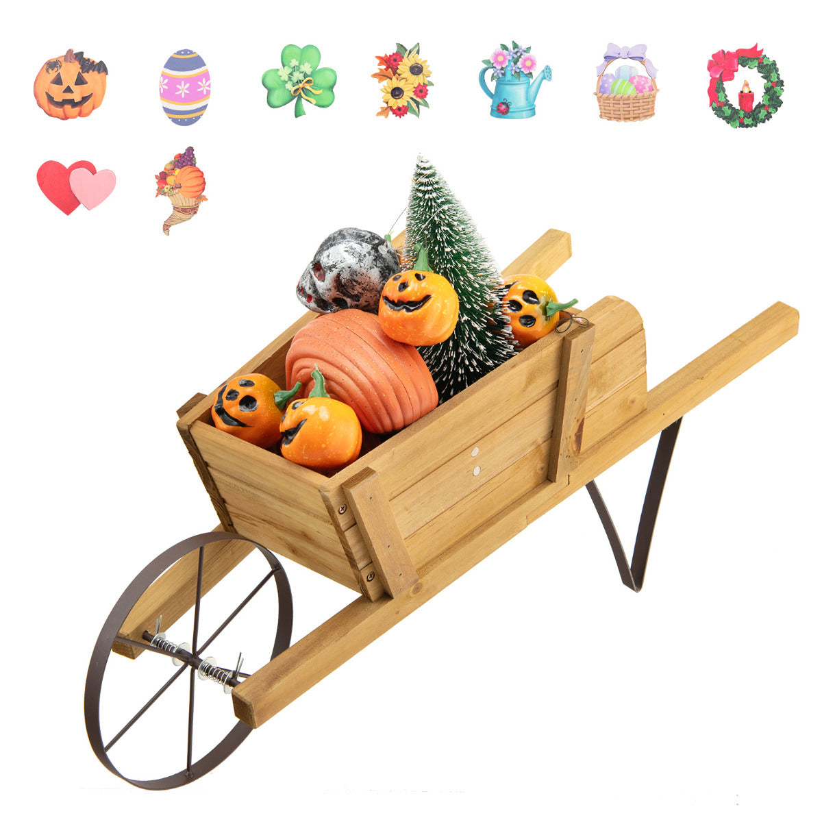 Jardinagem em Madeira de Pinho Carriola para Interior e Exterior com 9 Acessórios Magnéticos Roda para Jardim Pátio 69,5 x 26 x 29,5 cm Natural