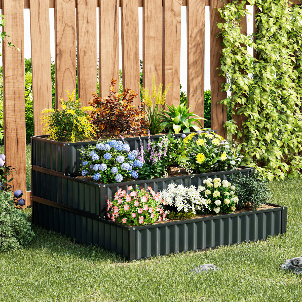 Jardinheira Elevada de 3 Níveis Caixa de Plantas Exterior em Metal Resistente com Base Aberta Horta Elevada 118 x 118 x 61 cm Preto