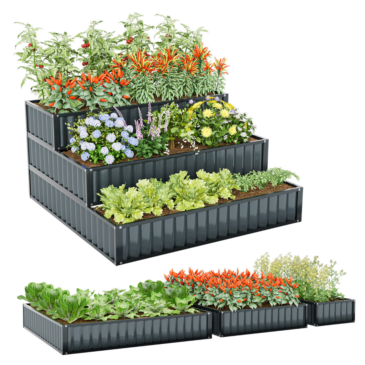 Jardinheira Elevada de 3 Níveis Caixa de Plantas Exterior em Metal Resistente com Base Aberta Horta Elevada 118 x 118 x 61 cm Preto