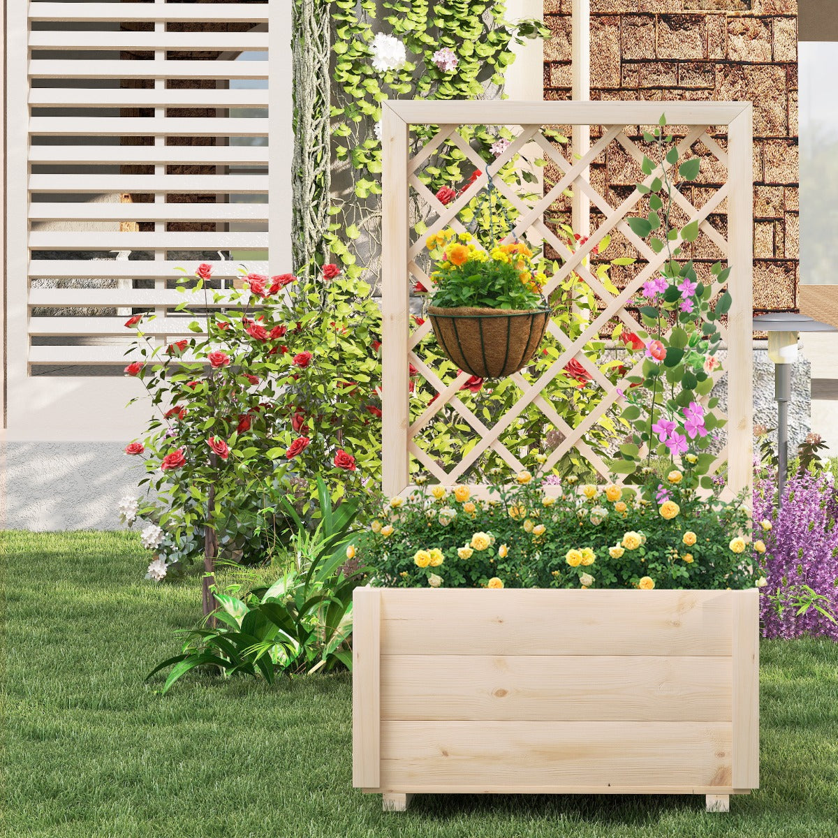 Jardinheira Elevada com Treliça Drenagem Floreira de Madeira para Plantas Trepadeiras Natural-S