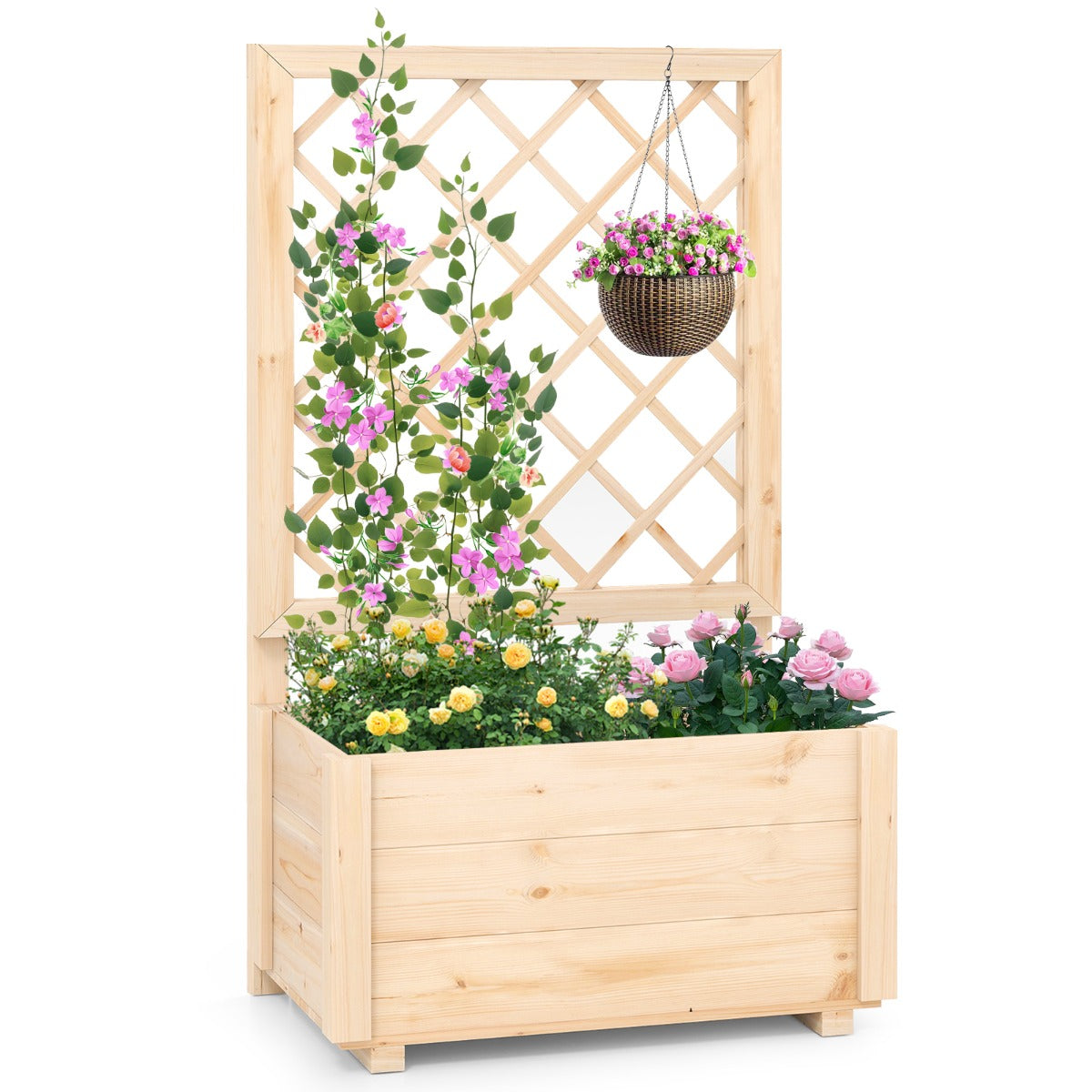 Jardinheira Elevada com Treliça Drenagem Floreira de Madeira para Plantas Trepadeiras Natural-S