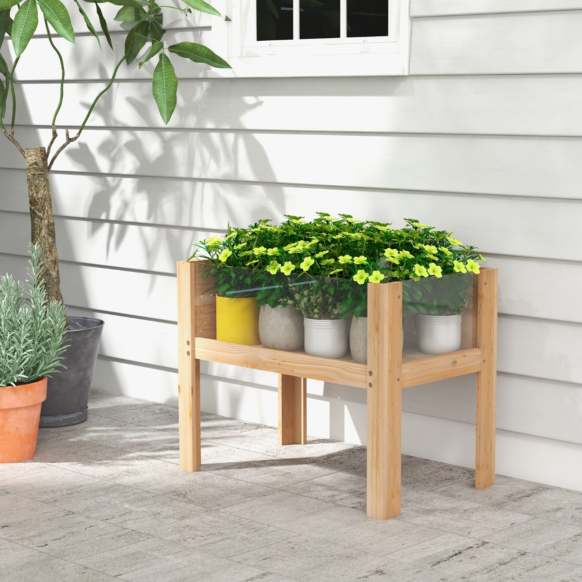 Cama de Jardim Elevada em Madeira com Pés 50 L Furos de Drenagem e Painéis Acrílicos para Frutas e Vegetais 75 x 46 x 61 cm Natural