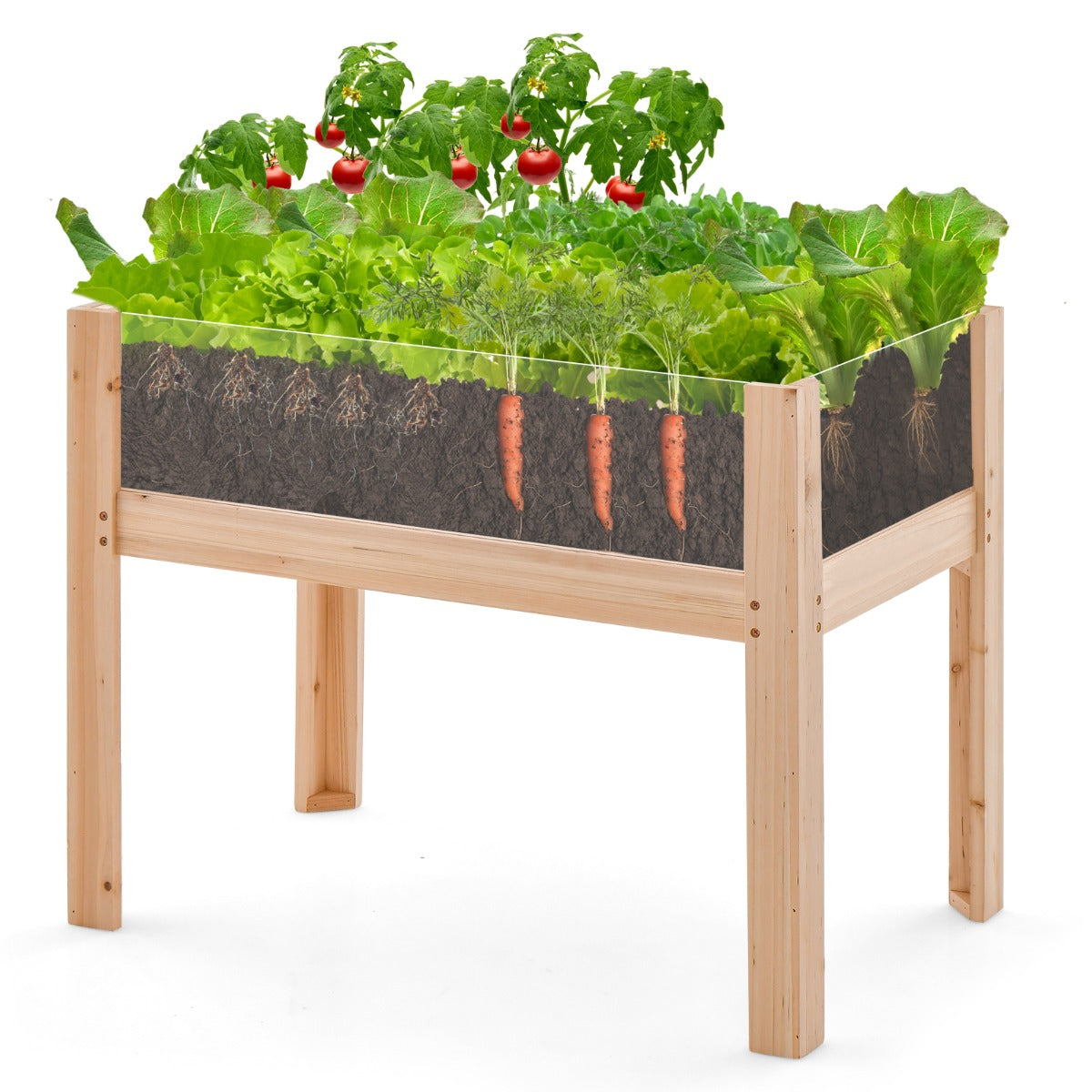Cama de Jardim Elevada em Madeira com Pés 50 L Furos de Drenagem e Painéis Acrílicos para Frutas e Vegetais 75 x 46 x 61 cm Natural