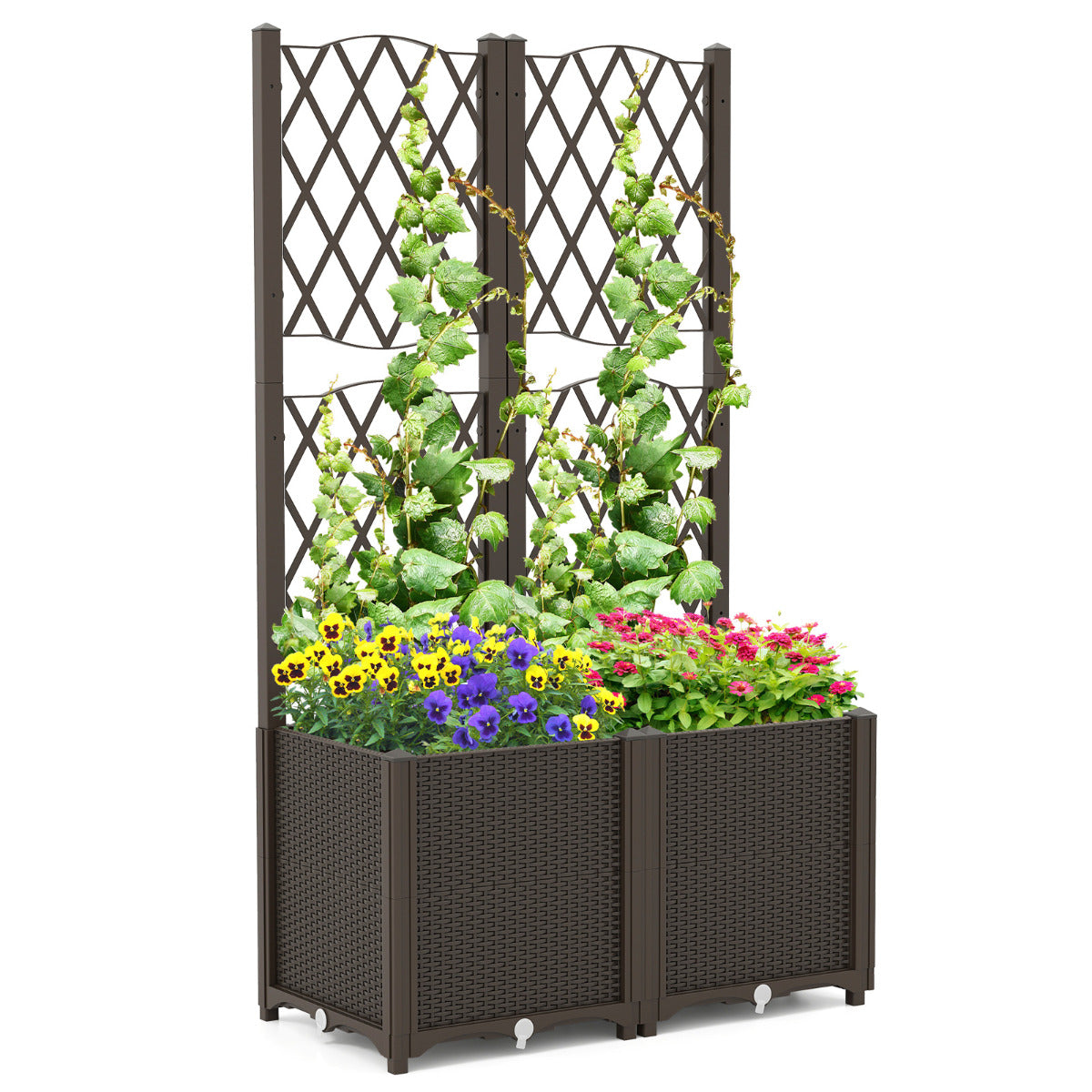 Jardinheira Elevada Dupla com Treliça Vaso Elevado com Autoirrigação para Plantas Trepadeiras Flores e Vegetais de Raízes Profundas Café