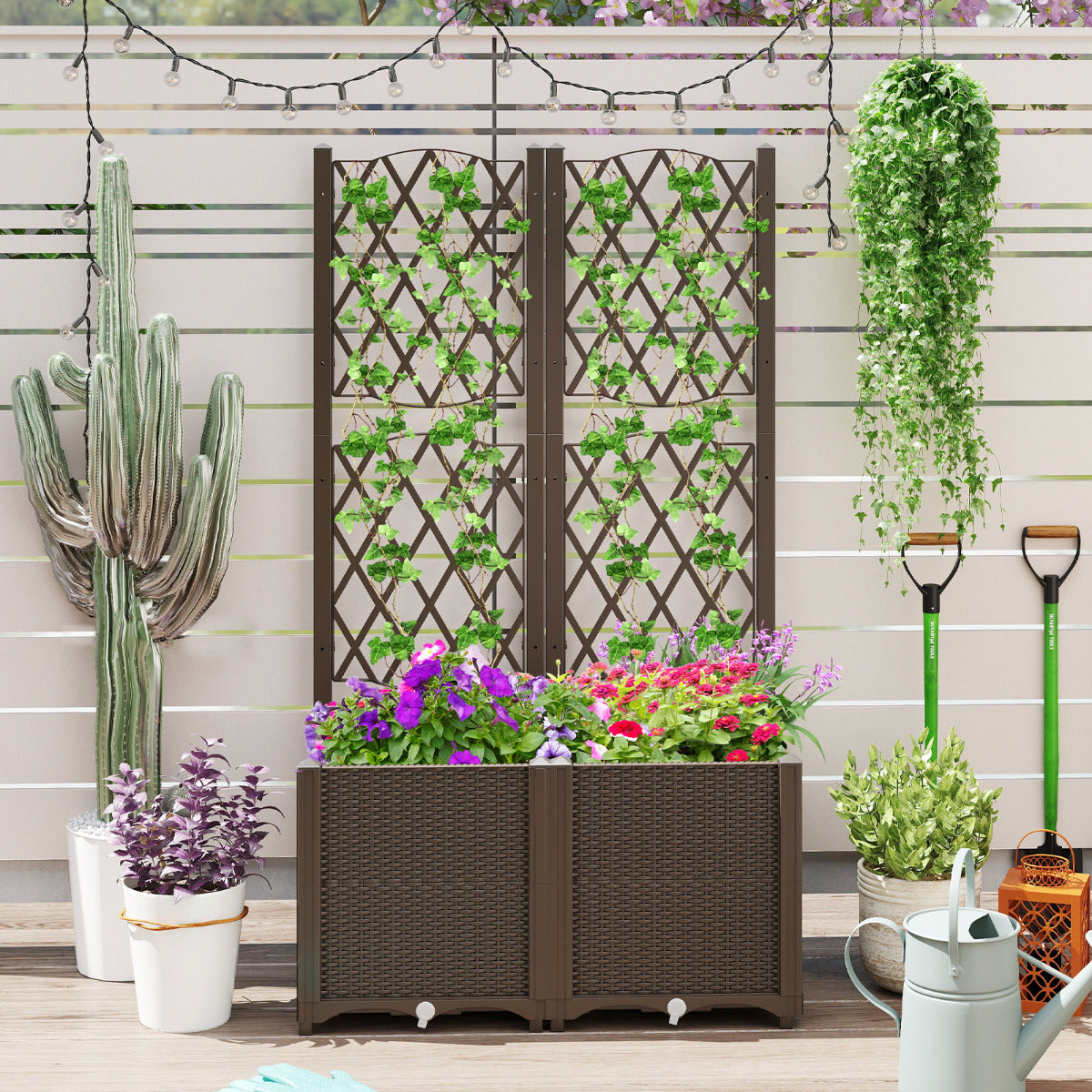 Jardinheira Elevada Dupla com Treliça Vaso Elevado com Autoirrigação para Plantas Trepadeiras Flores e Vegetais de Raízes Profundas Café