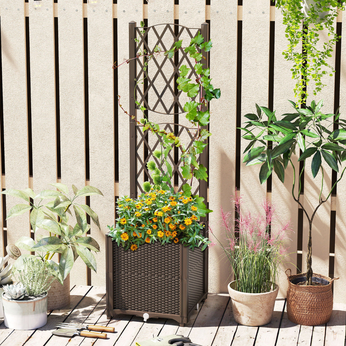 Jardinheira Elevada com Treliça Autossuficiente para Plantas Trepadeiras, Flores e Vegetais de Raízes Profundas Café