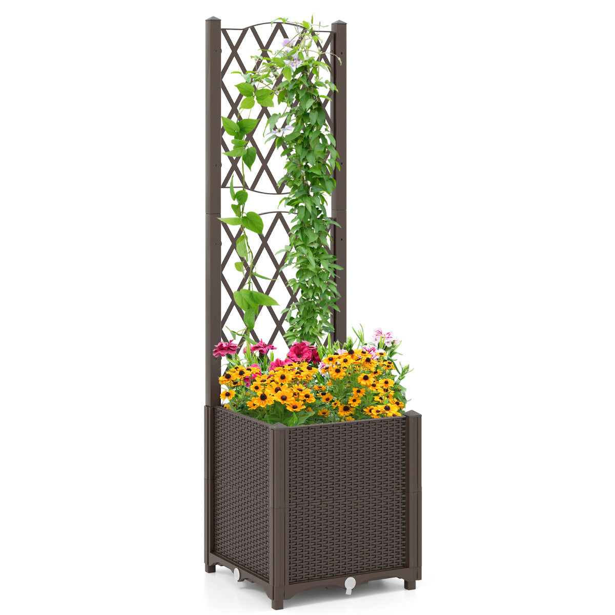 Jardinheira Elevada com Treliça Autossuficiente para Plantas Trepadeiras, Flores e Vegetais de Raízes Profundas Café