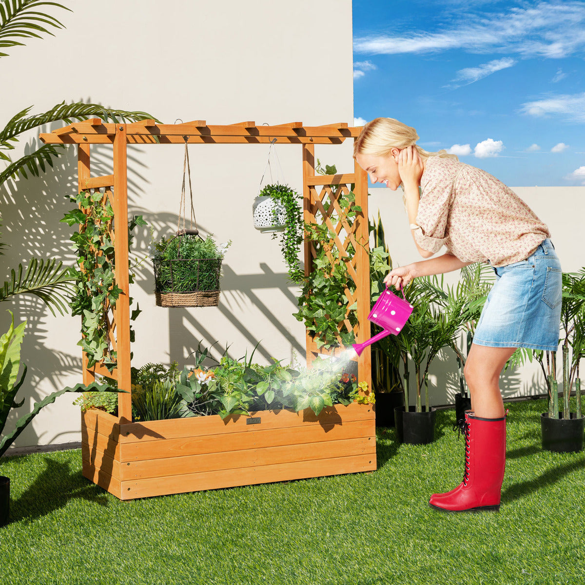 Jardinera Elevado com Treliça Arqueada de Plantas Teto Pendente Floreira Orifícios de Drenagem Contentor Varanda Pátio 100 x 44 x 113,5 cm