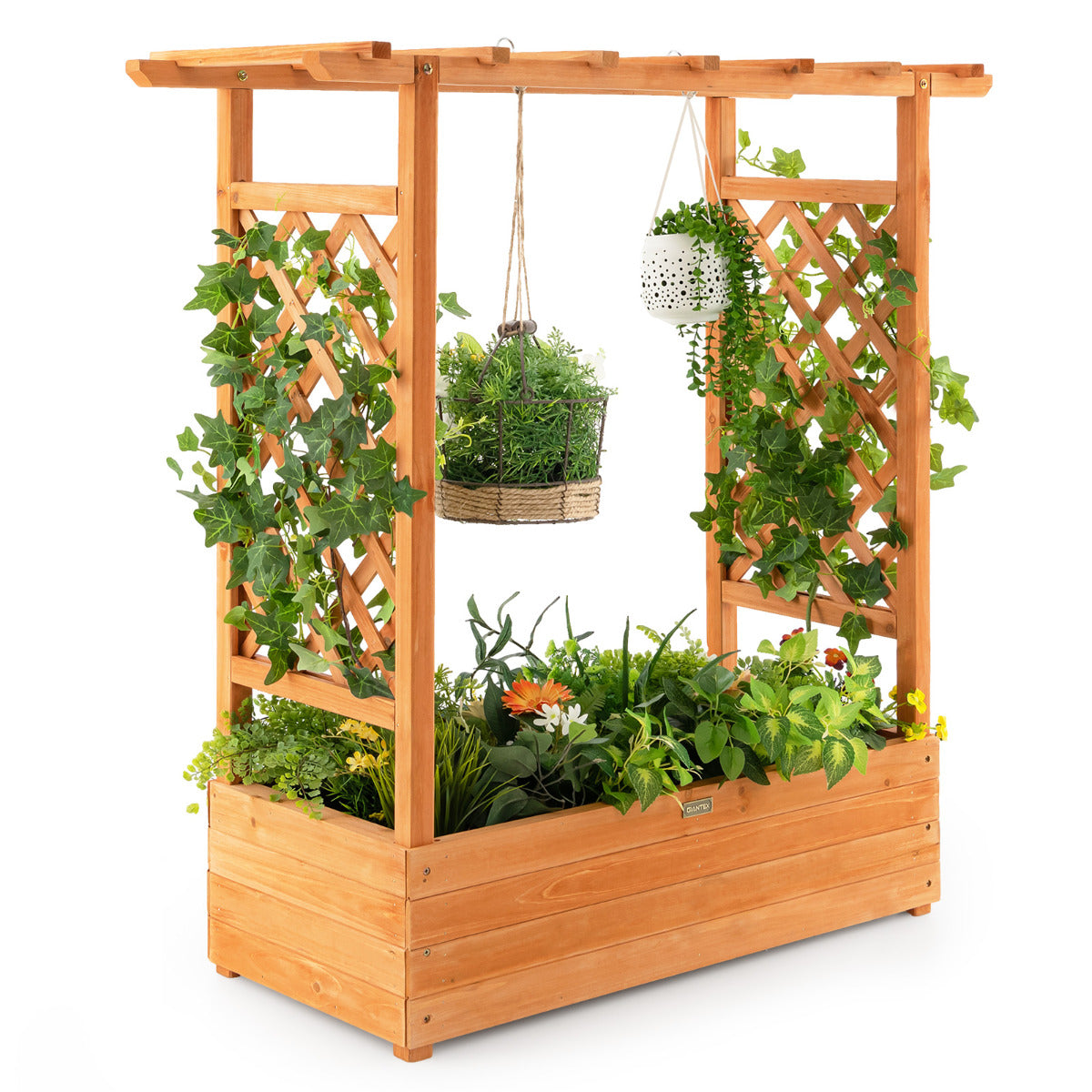 Jardinera Elevado com Treliça Arqueada de Plantas Teto Pendente Floreira Orifícios de Drenagem Contentor Varanda Pátio 100 x 44 x 113,5 cm