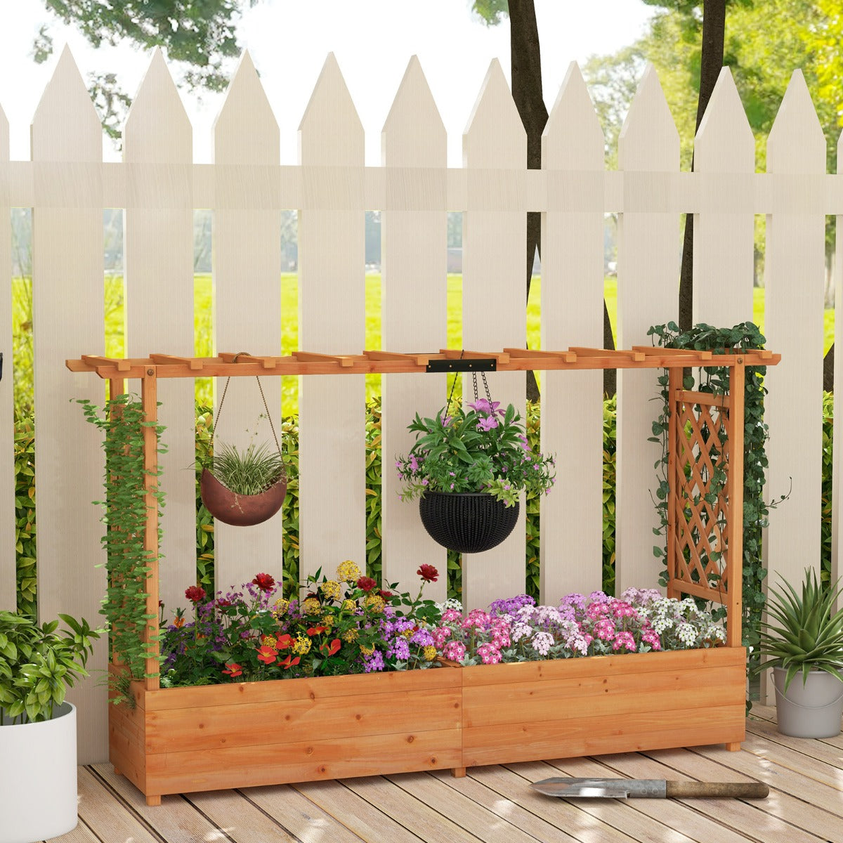 Jardinheira Elevada de Madeira com Treliça de Arco Teto Pendente Vaso de Parede Orifício de Drenagem Recipiente para Pátio 200 x 114 cm Laranja