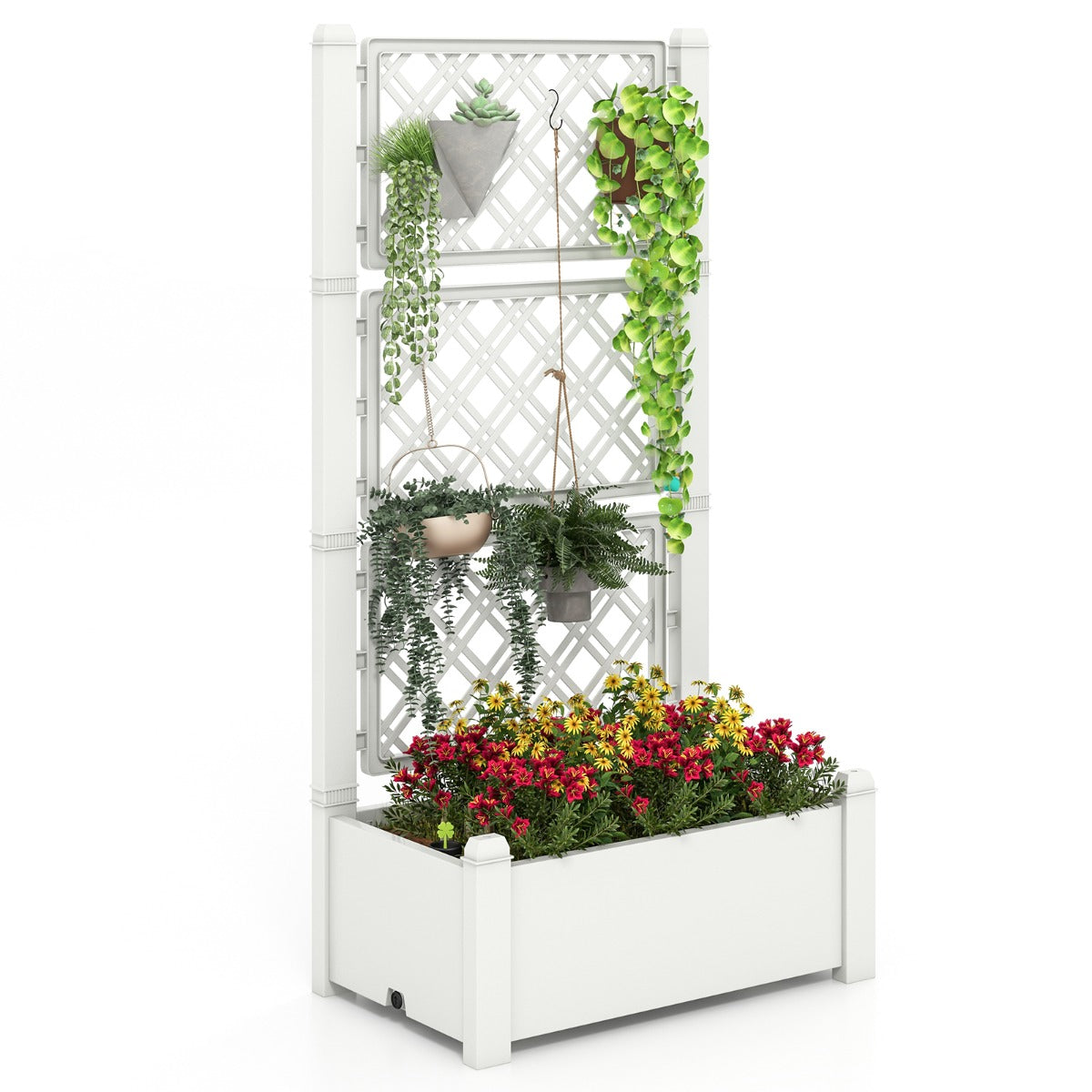 Jardineira com Treliça de 3 Alturas Rega Automática Indicador de Nível de Água Divisórias Removíveis 76 x 45 x 150 cm Branco