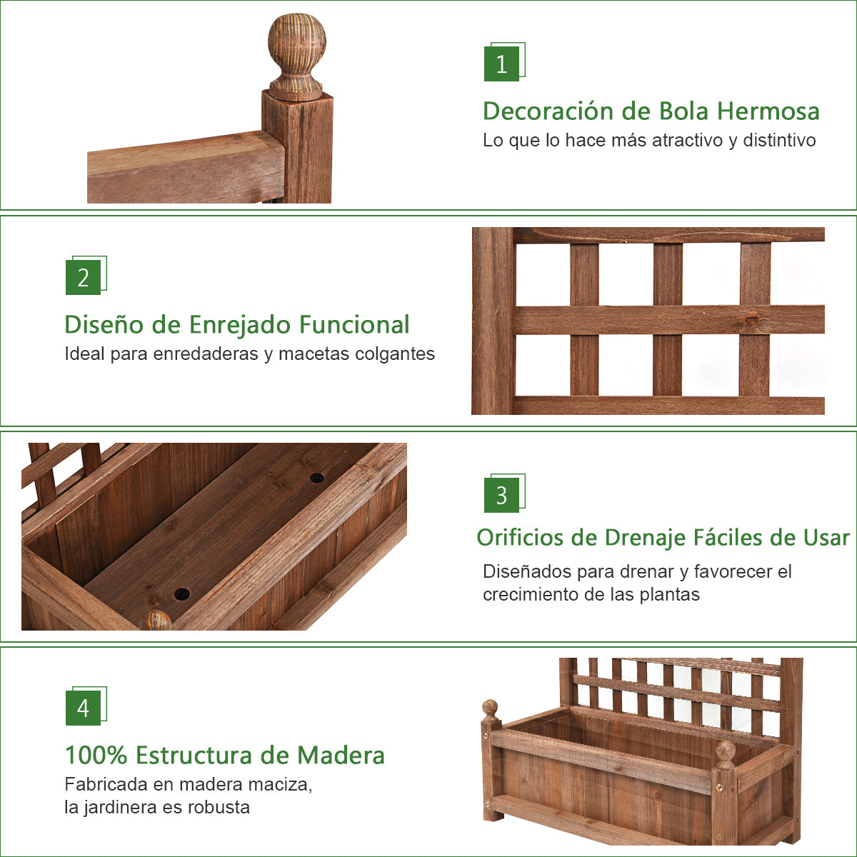 Jardinheira Elevada com Treliça Buracos de Drenagem para Plantas Trepadeiras Flores Pátio Terraço 63,5 x 28 x 122 cm Castanho