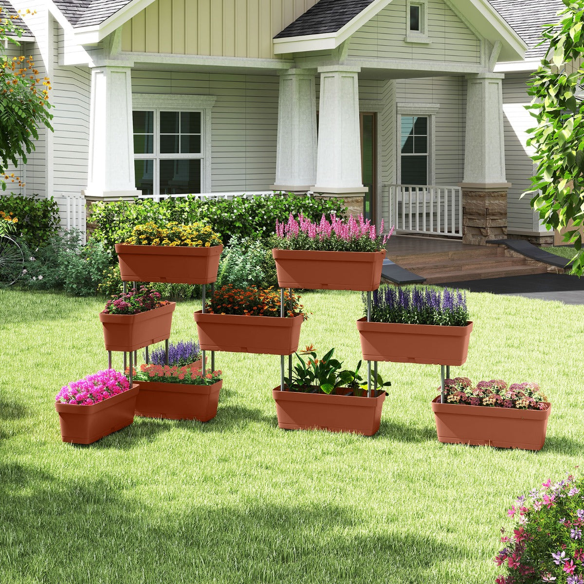 Conjunto de 6 Caixas de Jardinagem Vertical em Marrom para Vegetais, Ervas e Flores