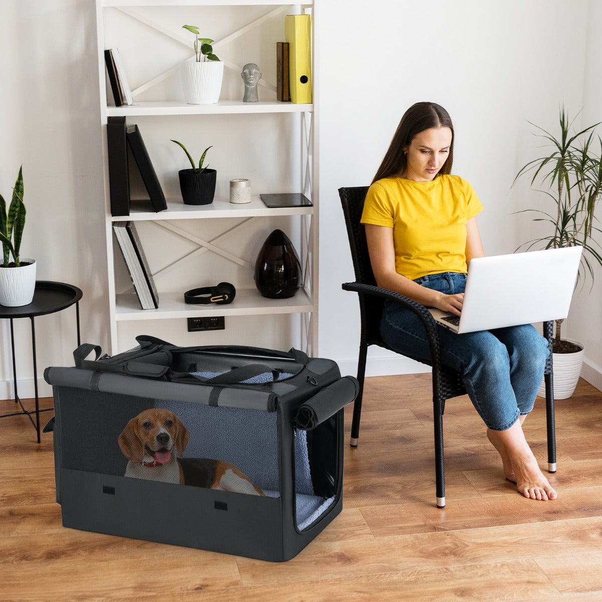 Bolsa de Transporte Portátil e Dobrável para Animais de Estimação com 2 Aberturas e Janela Tapete Macio Preto-M
