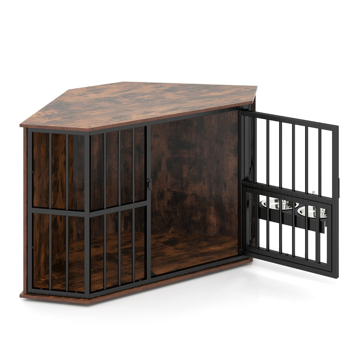 Jaula Esquinera para Cães com Comedouro Ajustável 2 Taças de Aço Inoxidável Porta com Fechadura e Pés Ajustáveis Castanho