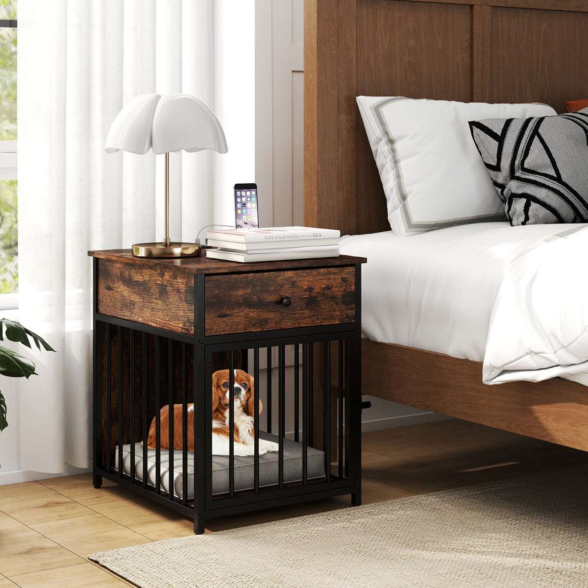 Jaula para Cães com Estação de Carregamento 2 em 1 Mesa Auxiliar e Caixa para Cães com Gaveta de Armazenamento 50 x 60 x 64 cm Castanho e Preto