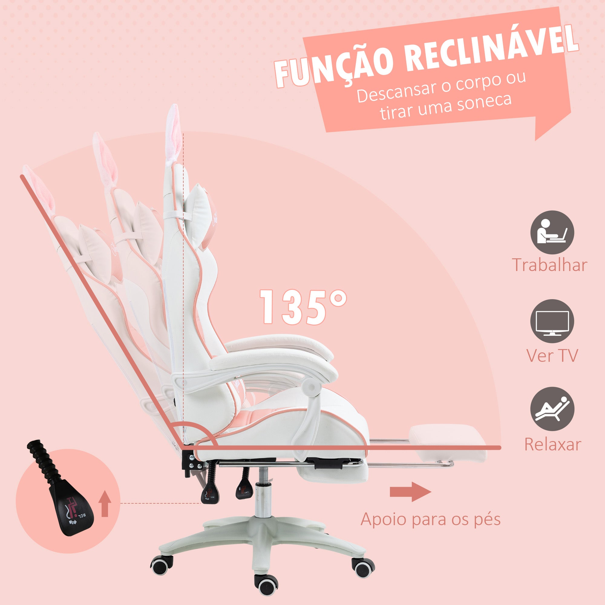 Cadeira Gaming Profissional Rosa e Branco 65x63x136-142 cm