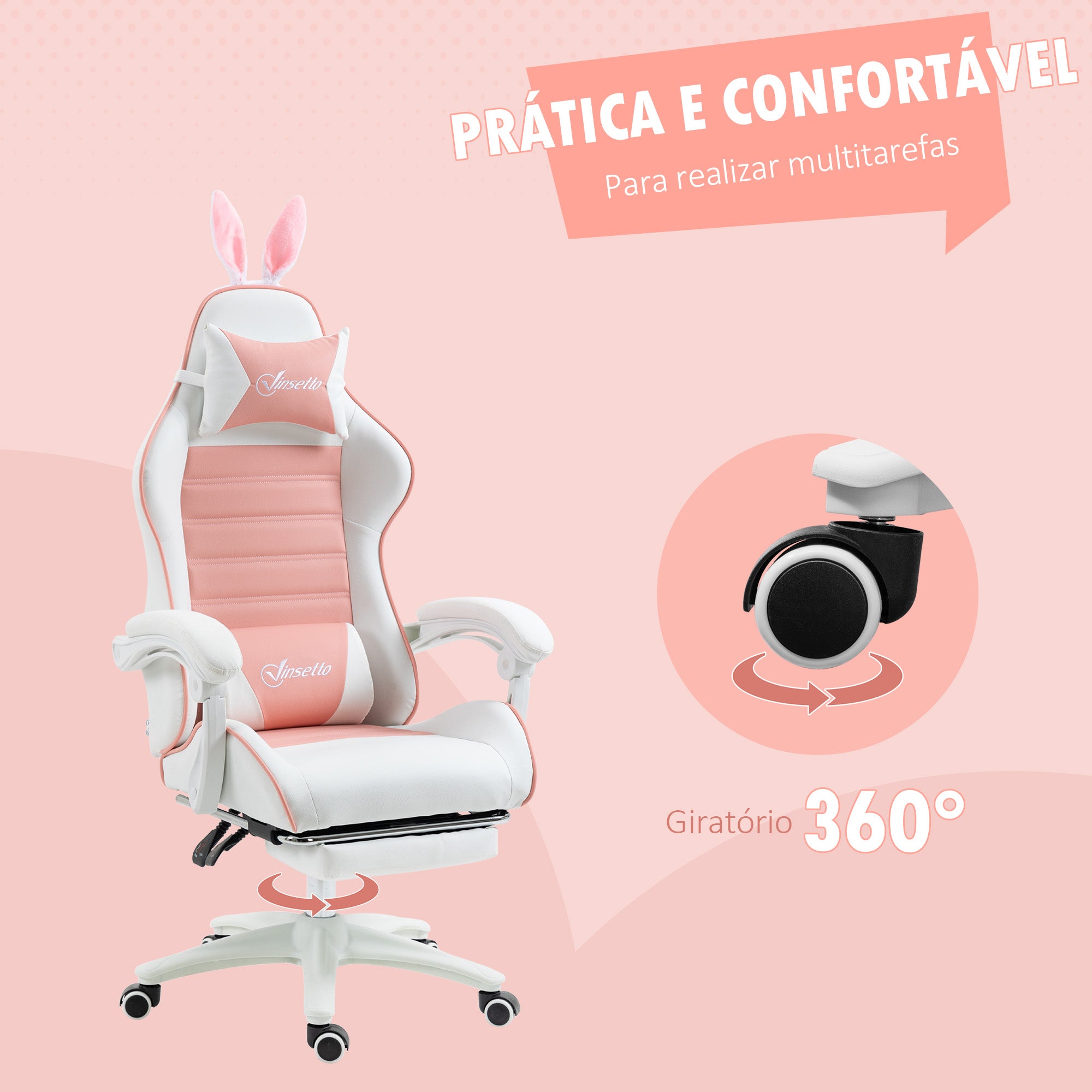 Cadeira Gaming Profissional Rosa e Branco 65x63x136-142 cm
