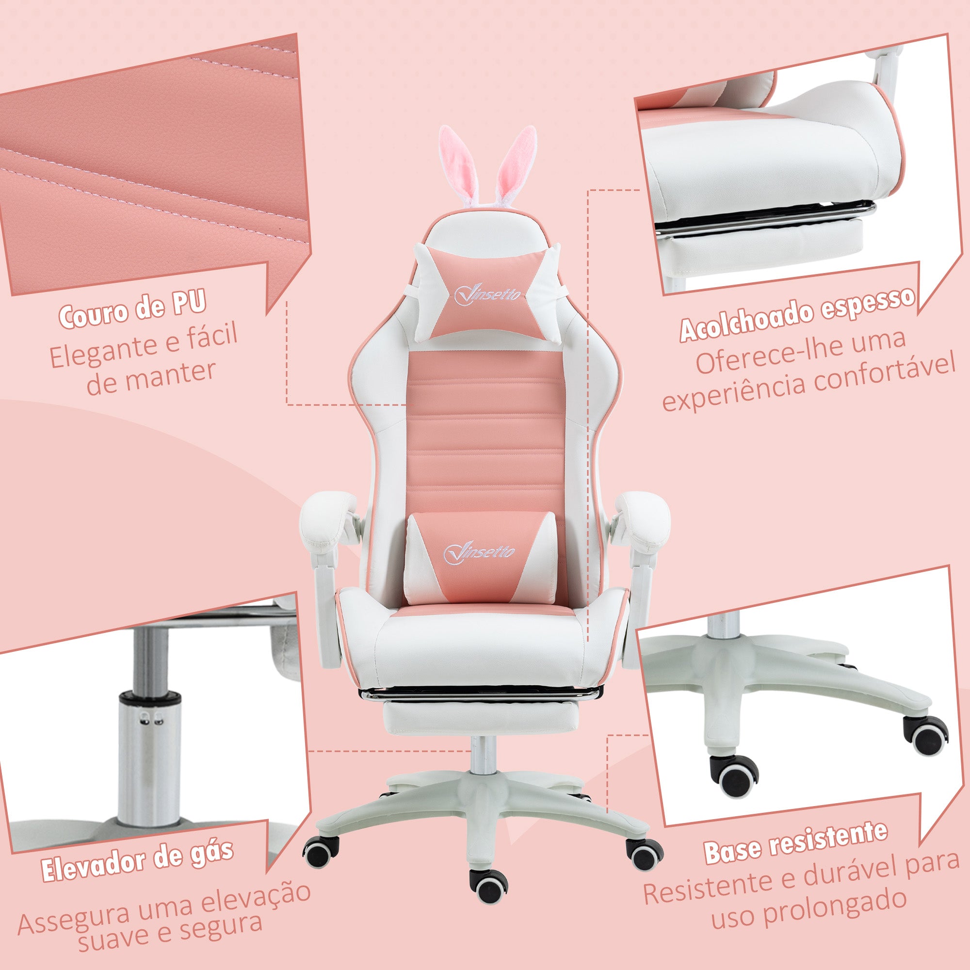 Cadeira Gaming Profissional Rosa e Branco 65x63x136-142 cm