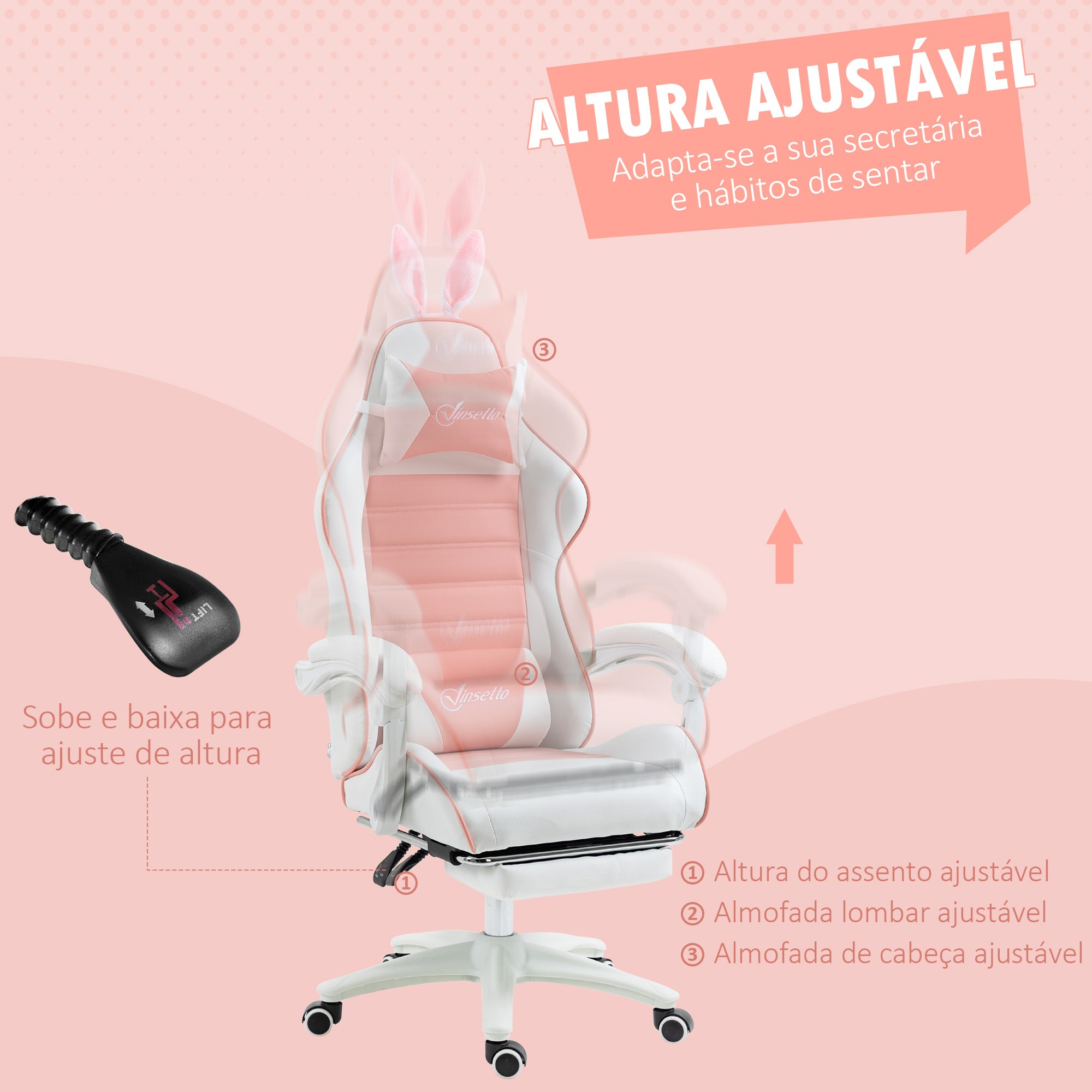 Cadeira Gaming Profissional Rosa e Branco 65x63x136-142 cm