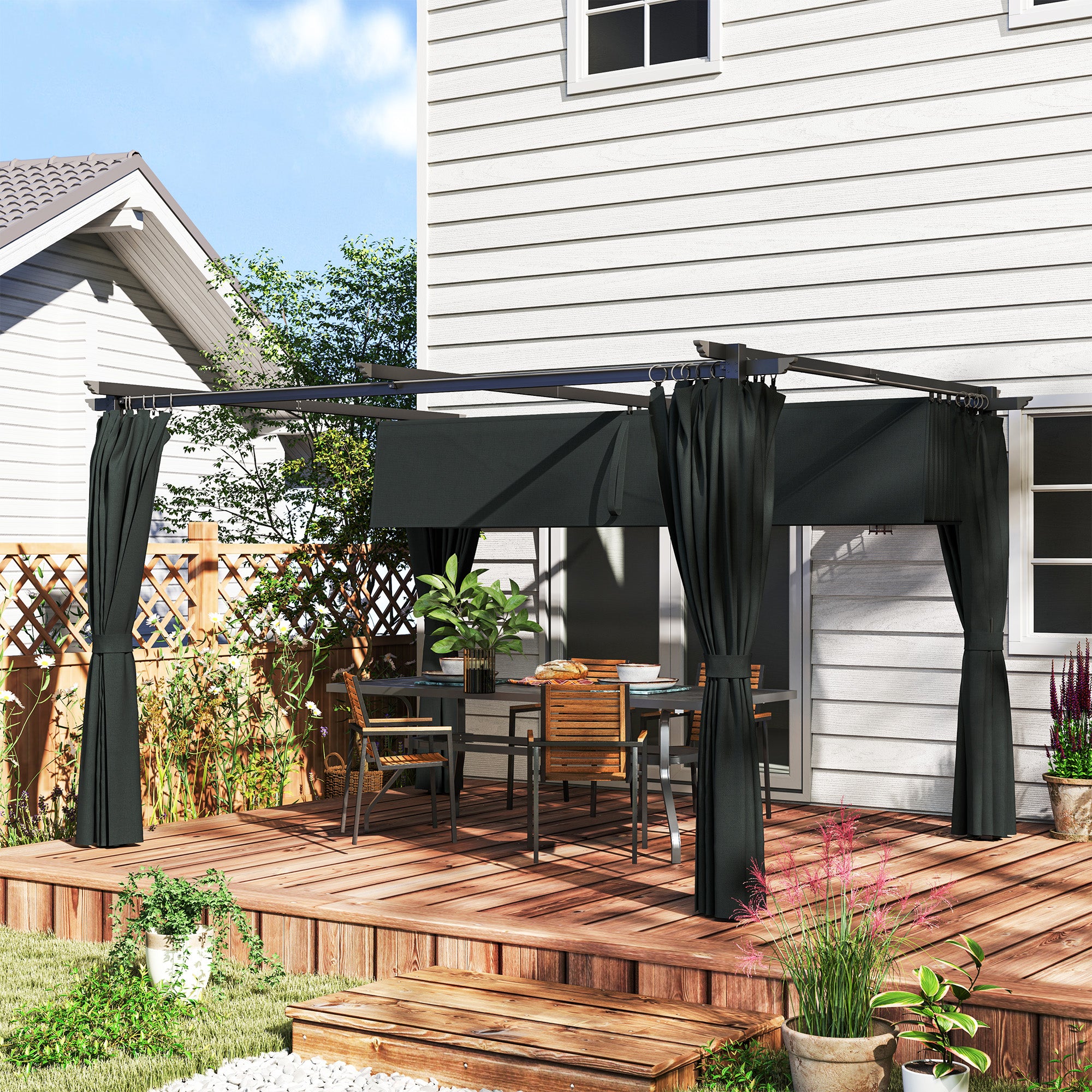 Pérgola Cinzenta de Alumínio 390x300x222 cm com Teto Retrátil e Cortinas Laterais