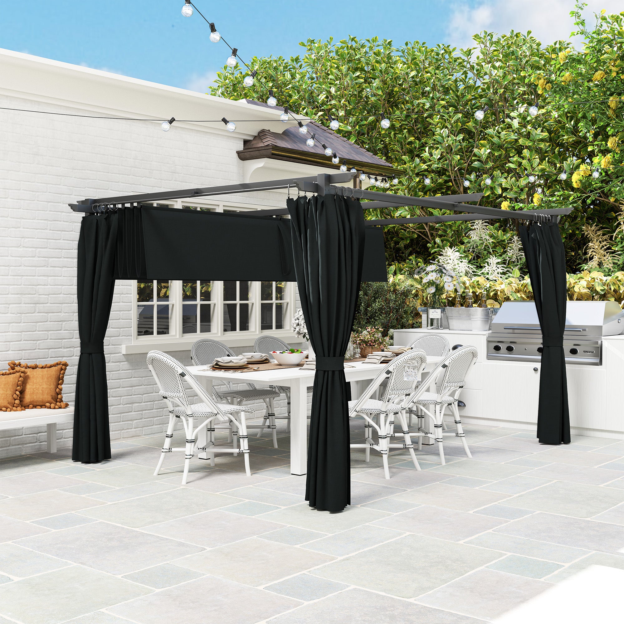 Pérgola Cinzenta de Alumínio 390x300x222 cm com Teto Retrátil e Cortinas Laterais