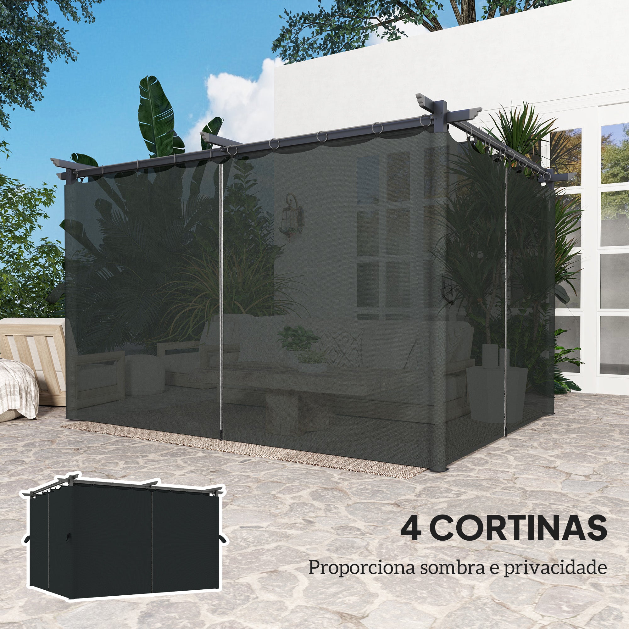 Pérgola Cinzenta de Alumínio 390x300x222 cm com Teto Retrátil e Cortinas Laterais