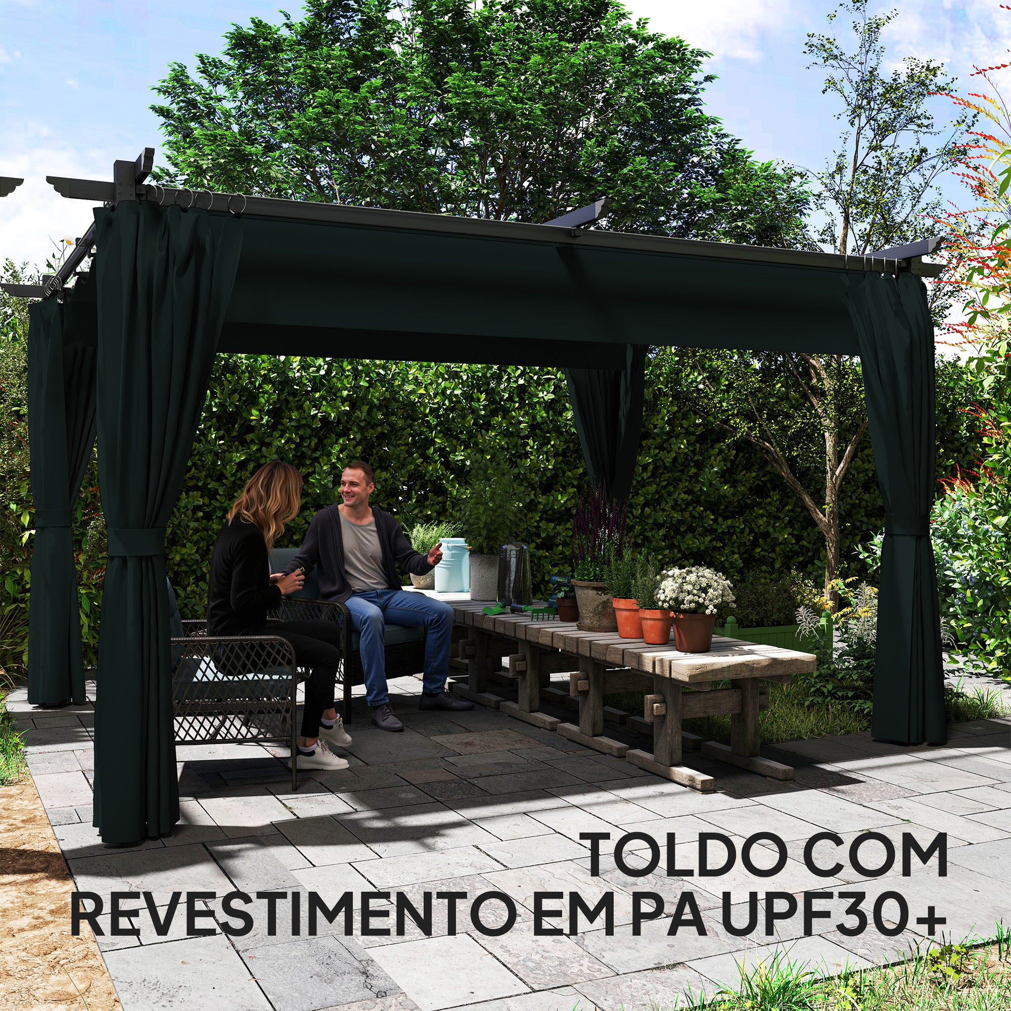 Pérgola Cinzenta de Alumínio 390x300x222 cm com Teto Retrátil e Cortinas Laterais