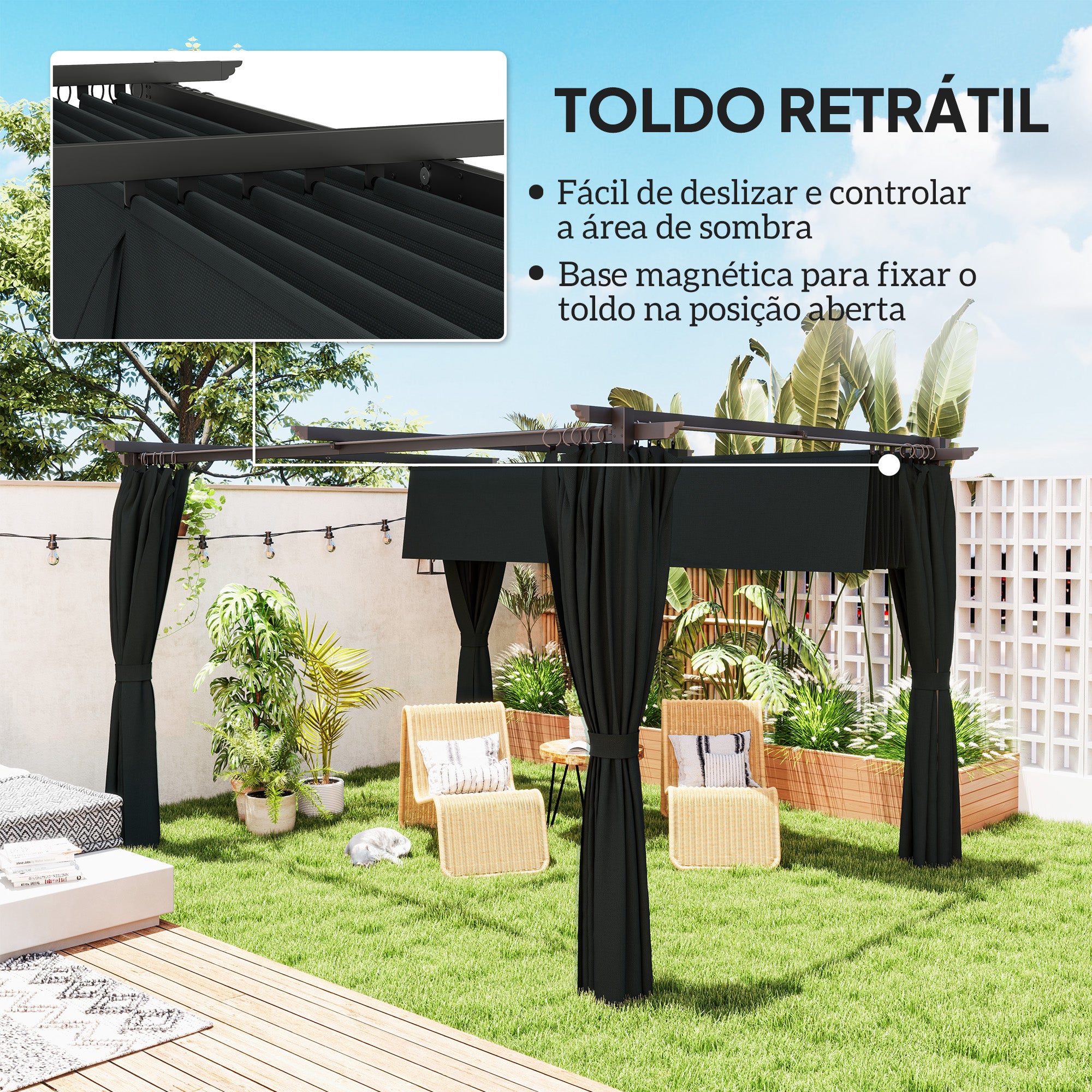 Pérgola Cinzenta de Alumínio 390x300x222 cm com Teto Retrátil e Cortinas Laterais