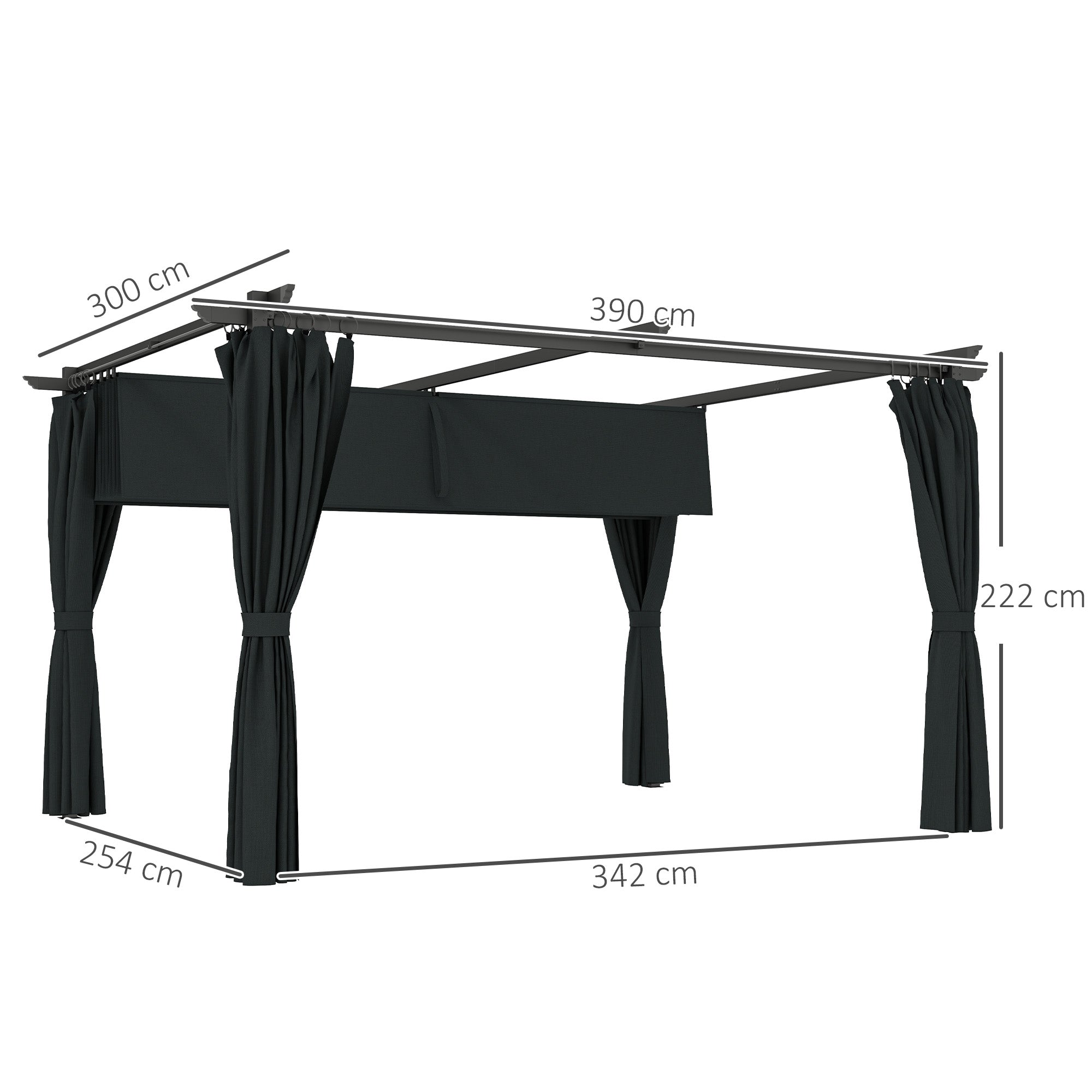 Pérgola Cinzenta de Alumínio 390x300x222 cm com Teto Retrátil e Cortinas Laterais