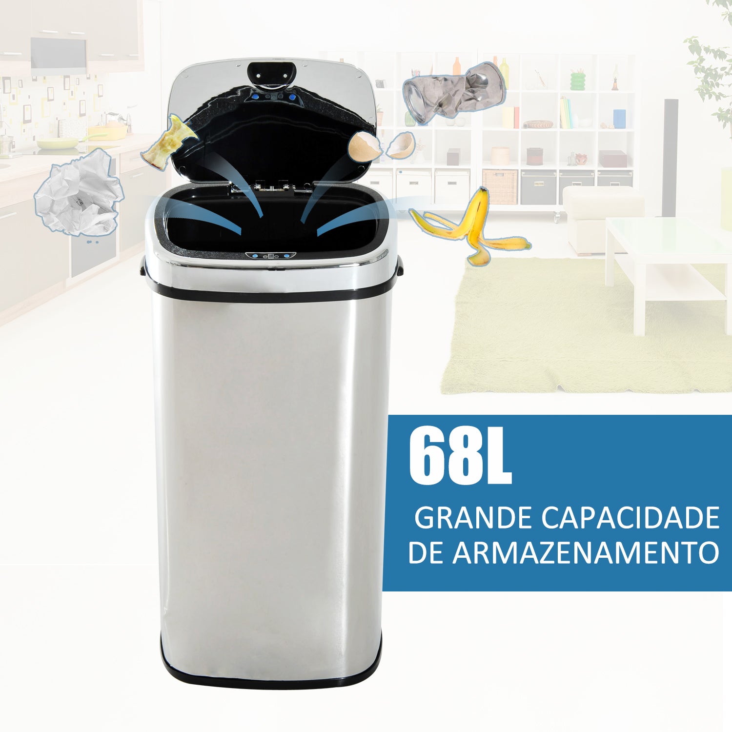Balde de Lixo Inteligente – 68L – Prata – Aço Inoxidável