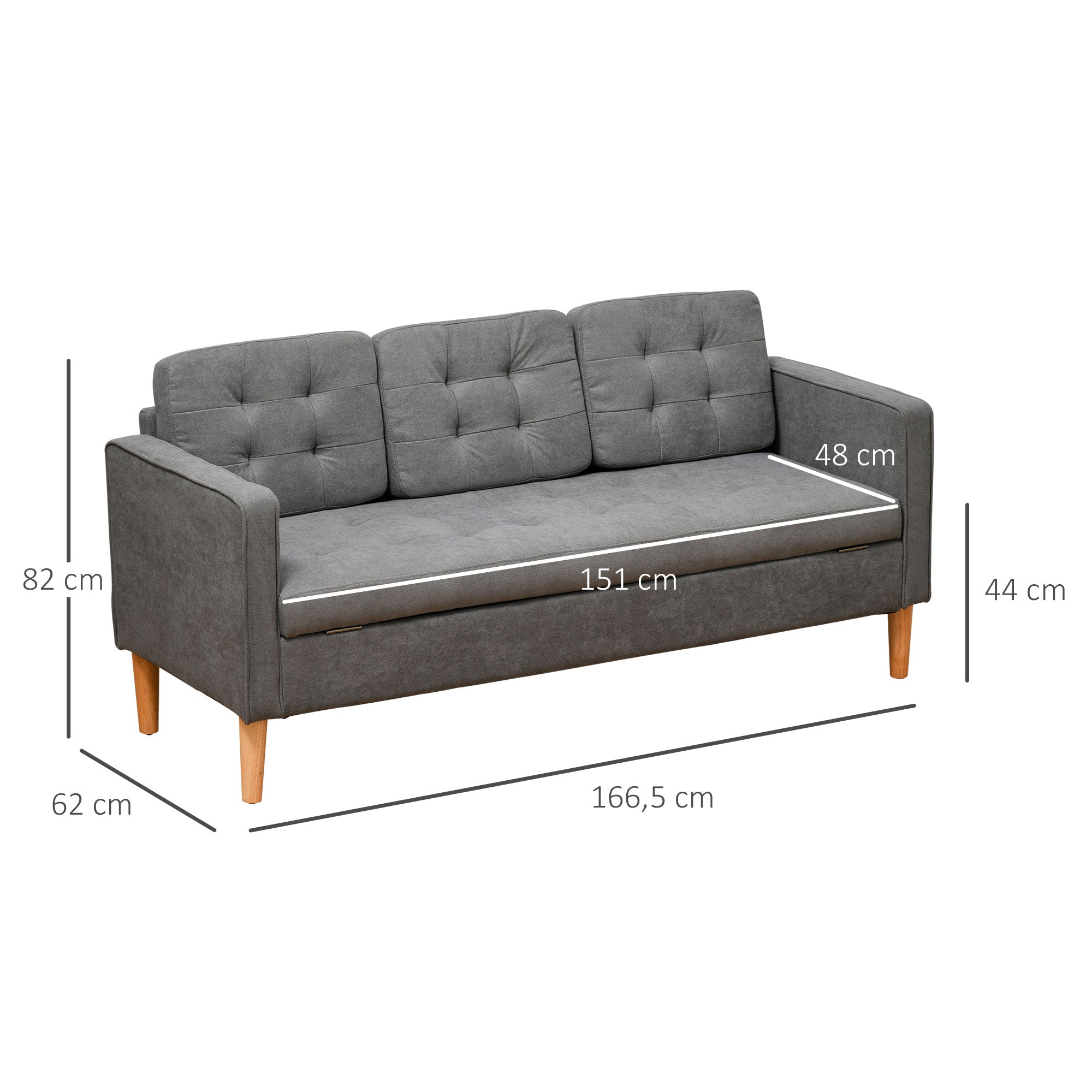 Sofá Acolchoado de 3 Lugares com Armazenamento - Cinzento 166,5x62x82 cm