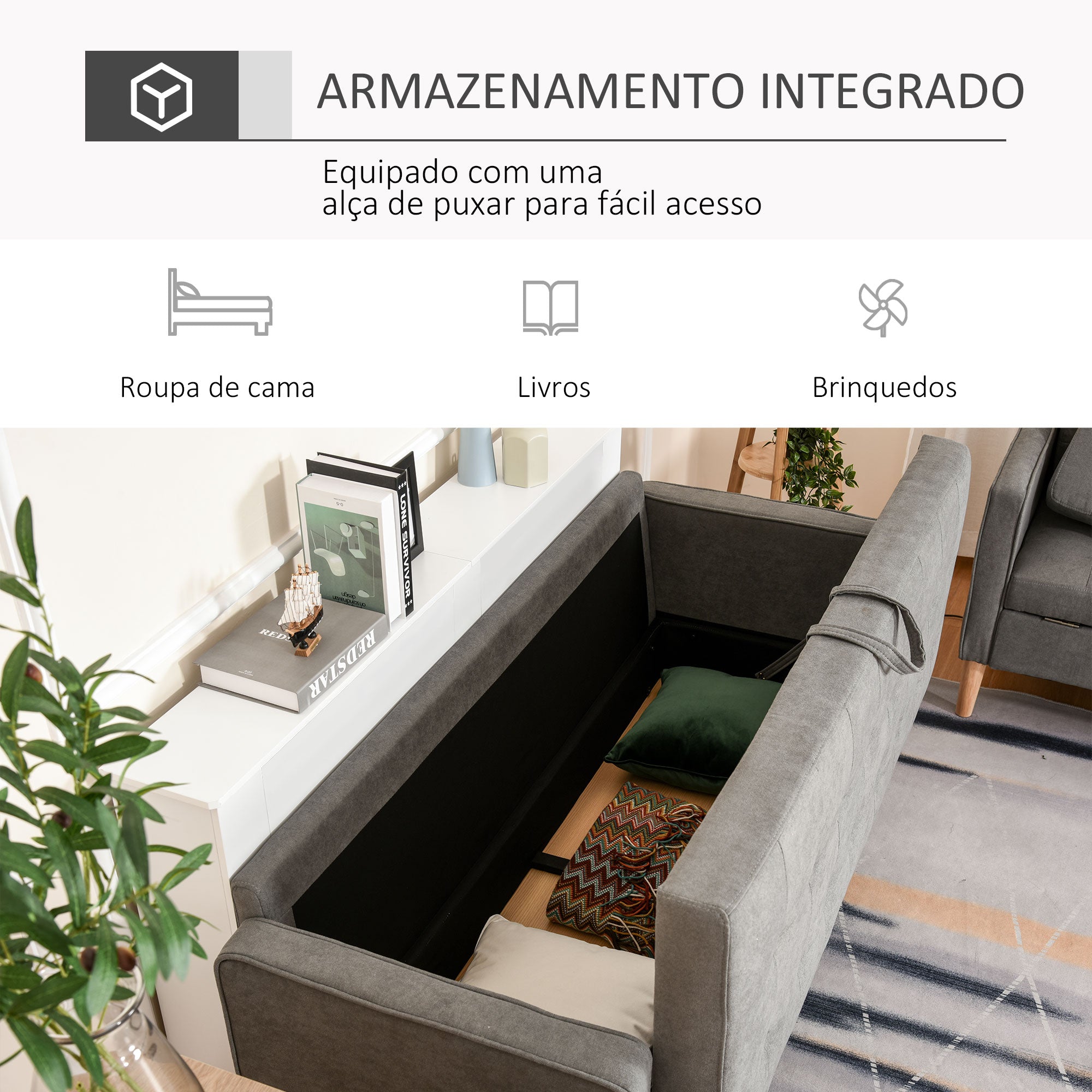 Sofá Acolchoado de 3 Lugares com Armazenamento - Cinzento 166,5x62x82 cm