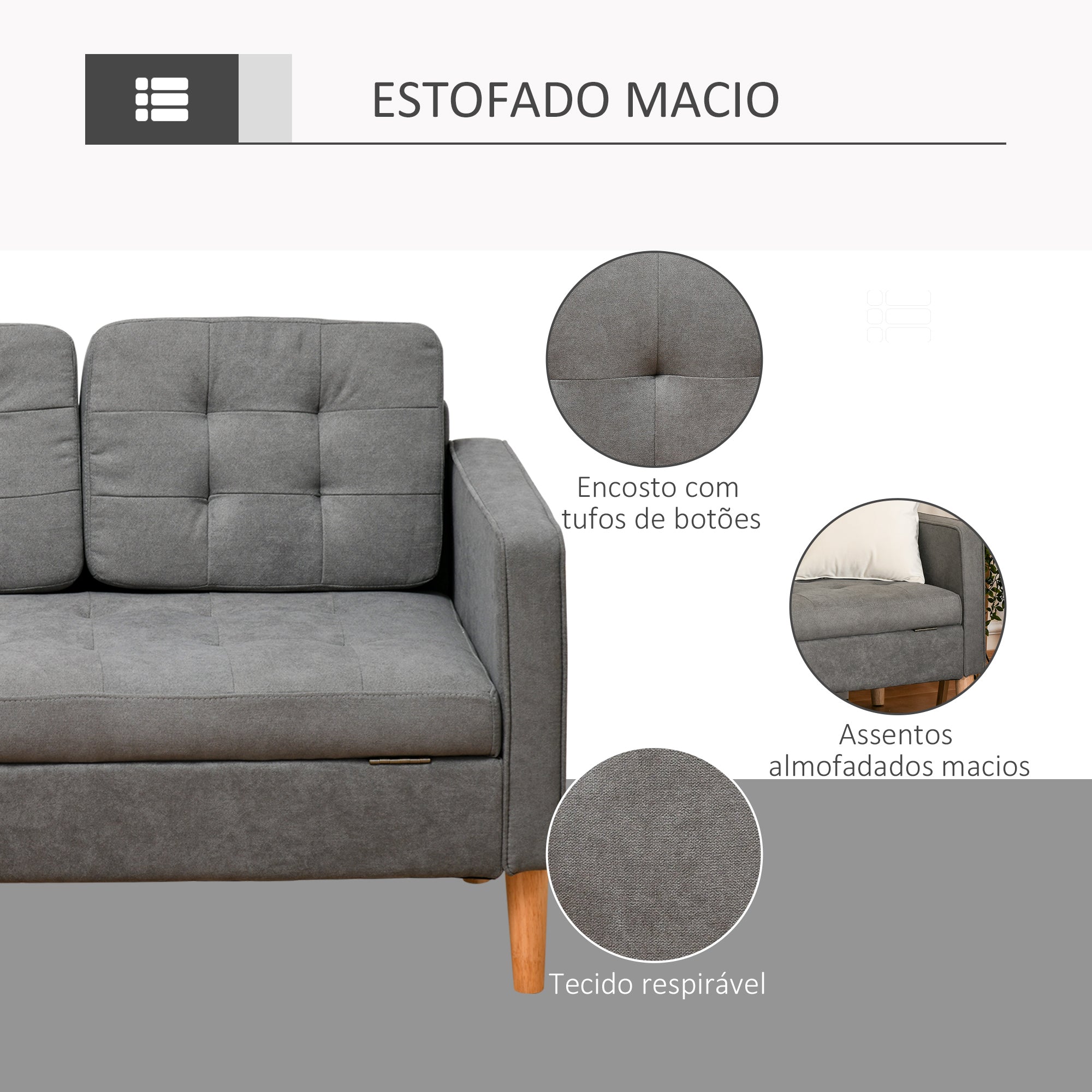 Sofá Acolchoado de 3 Lugares com Armazenamento - Cinzento 166,5x62x82 cm