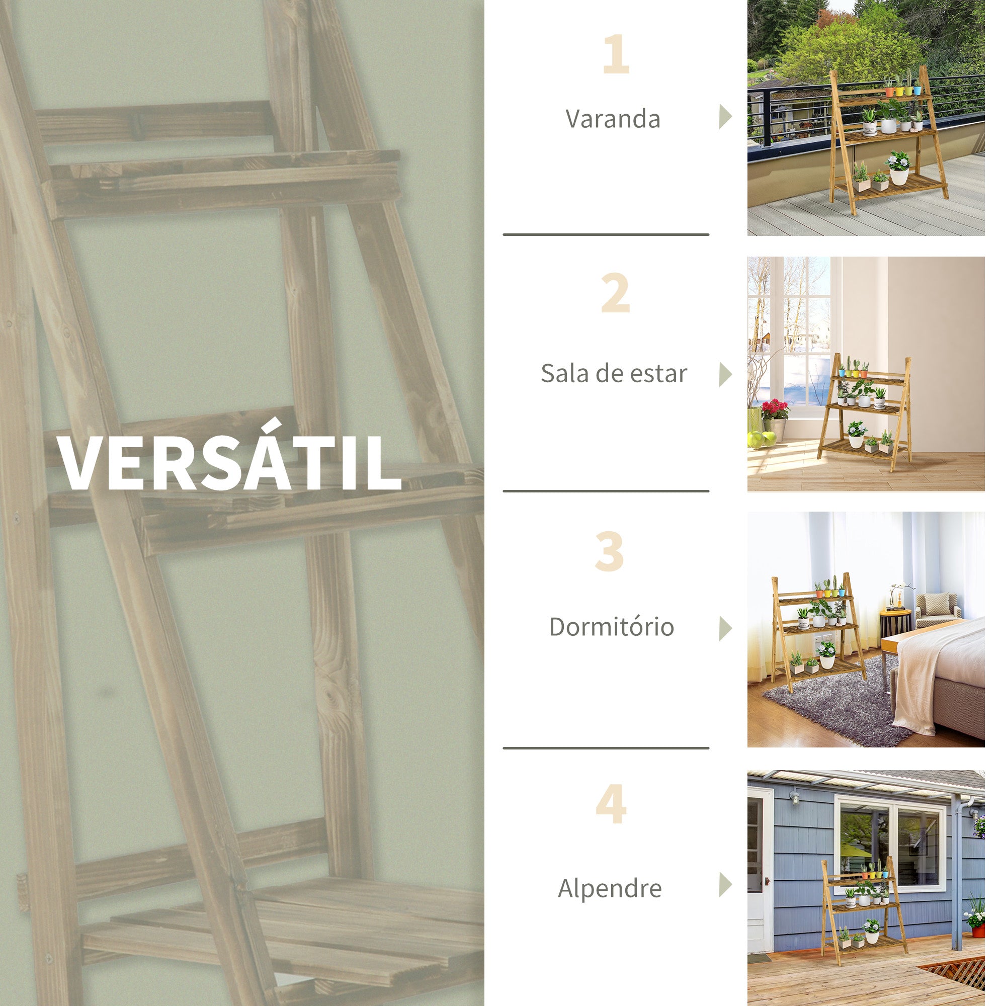 Estante para Plantas 3 Níveis Madeira 80x37x93 cm - Cor Madeira