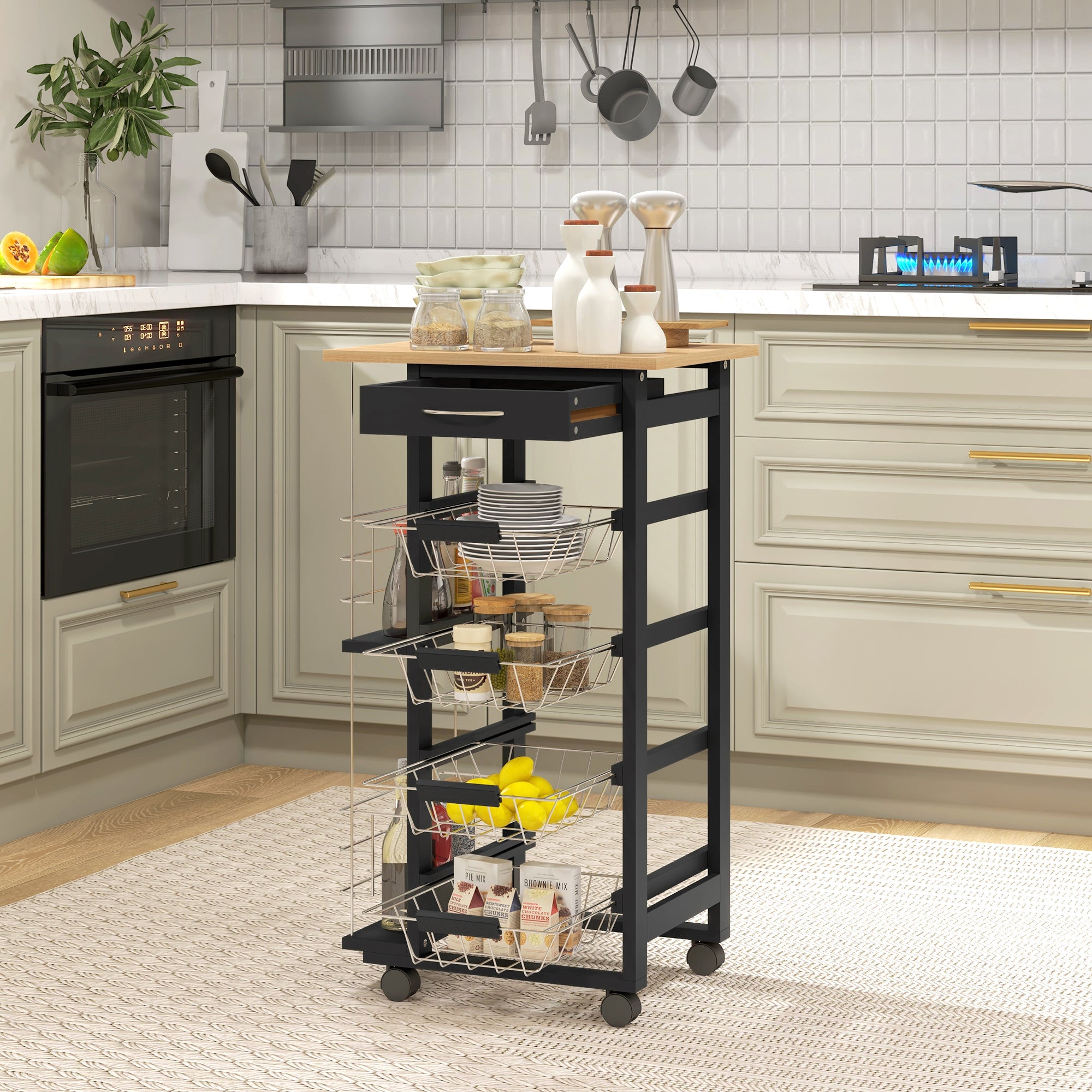 Carrinho de Cozinha Compacto – 47x37x83 cm – Preto – MDF, Madeira de Pinho e Metal