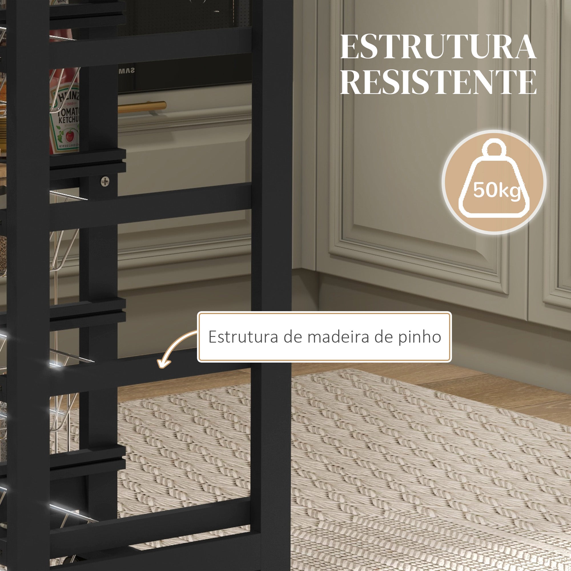 Carrinho de Cozinha Compacto – 47x37x83 cm – Preto – MDF, Madeira de Pinho e Metal