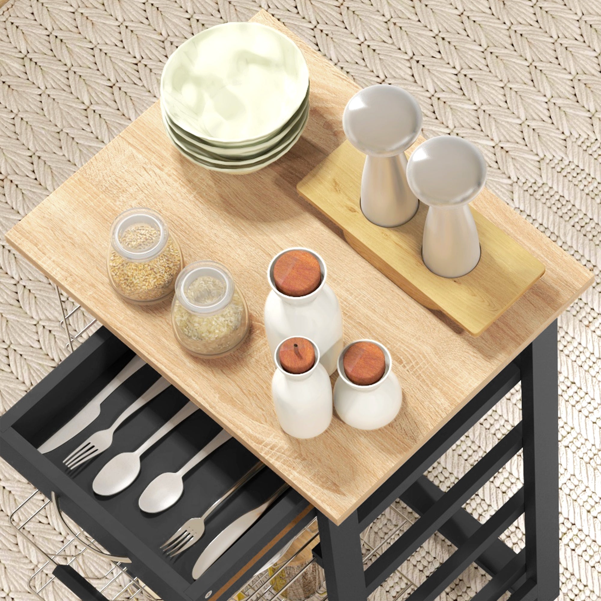 Carrinho de Cozinha Compacto – 47x37x83 cm – Preto – MDF, Madeira de Pinho e Metal