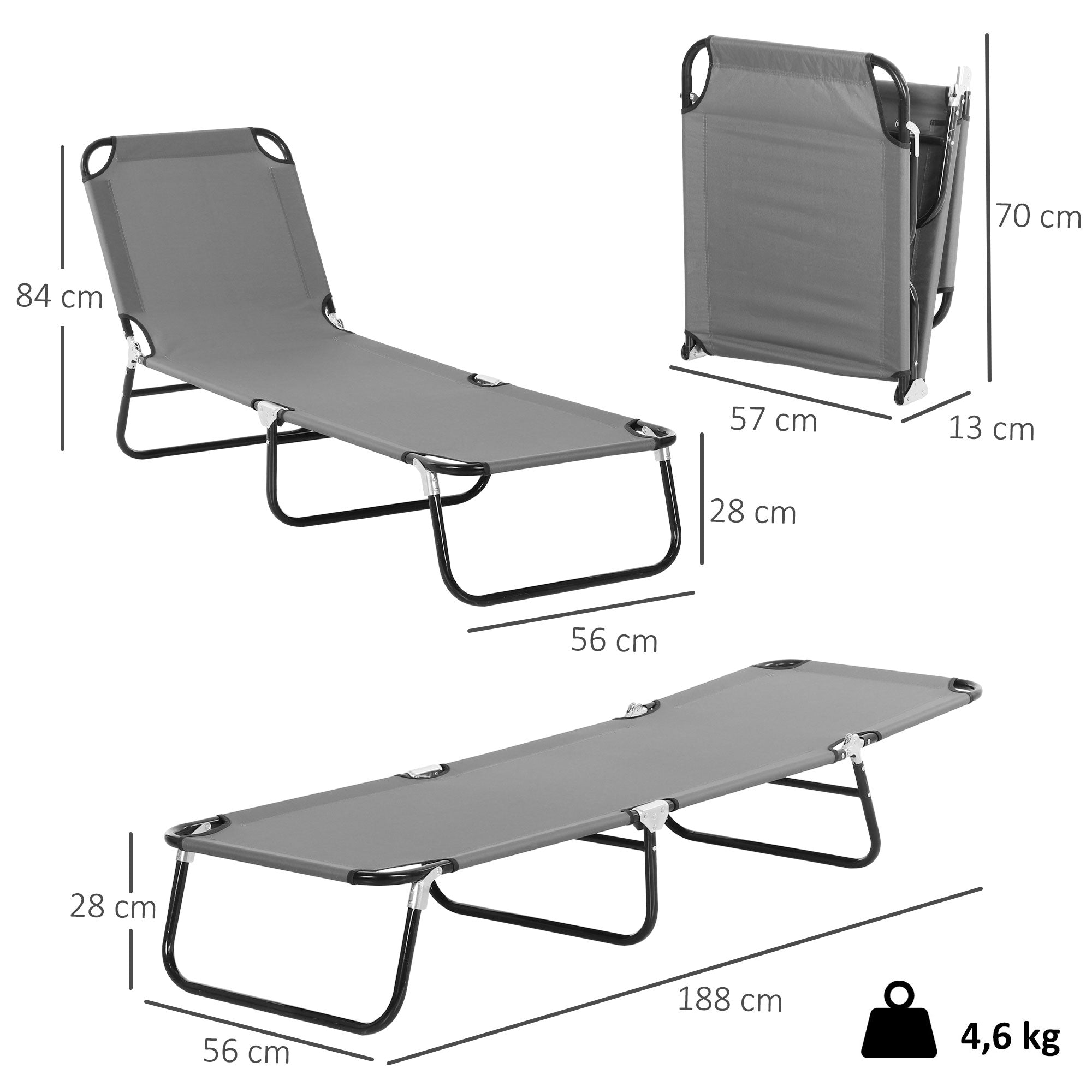 Espreguiçadeira Dobrável Reclinável Cinzento 188x56x28 cm