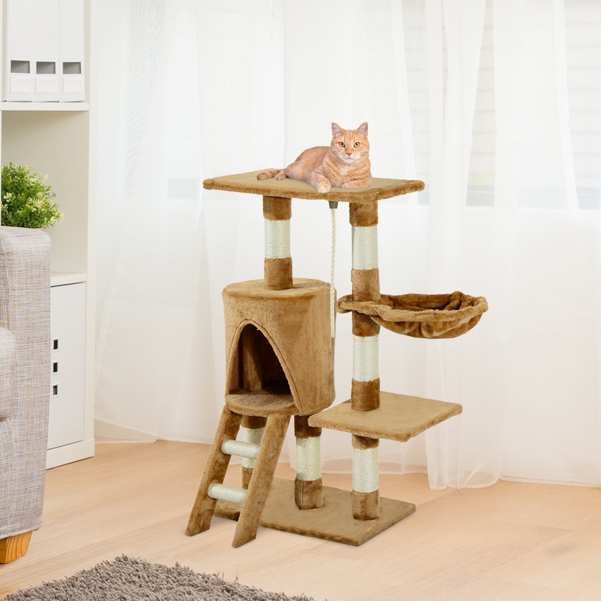 Arranhador para Gatos com Corda de Brincar e Placa de Madeira - Marrom 30x55x96cm