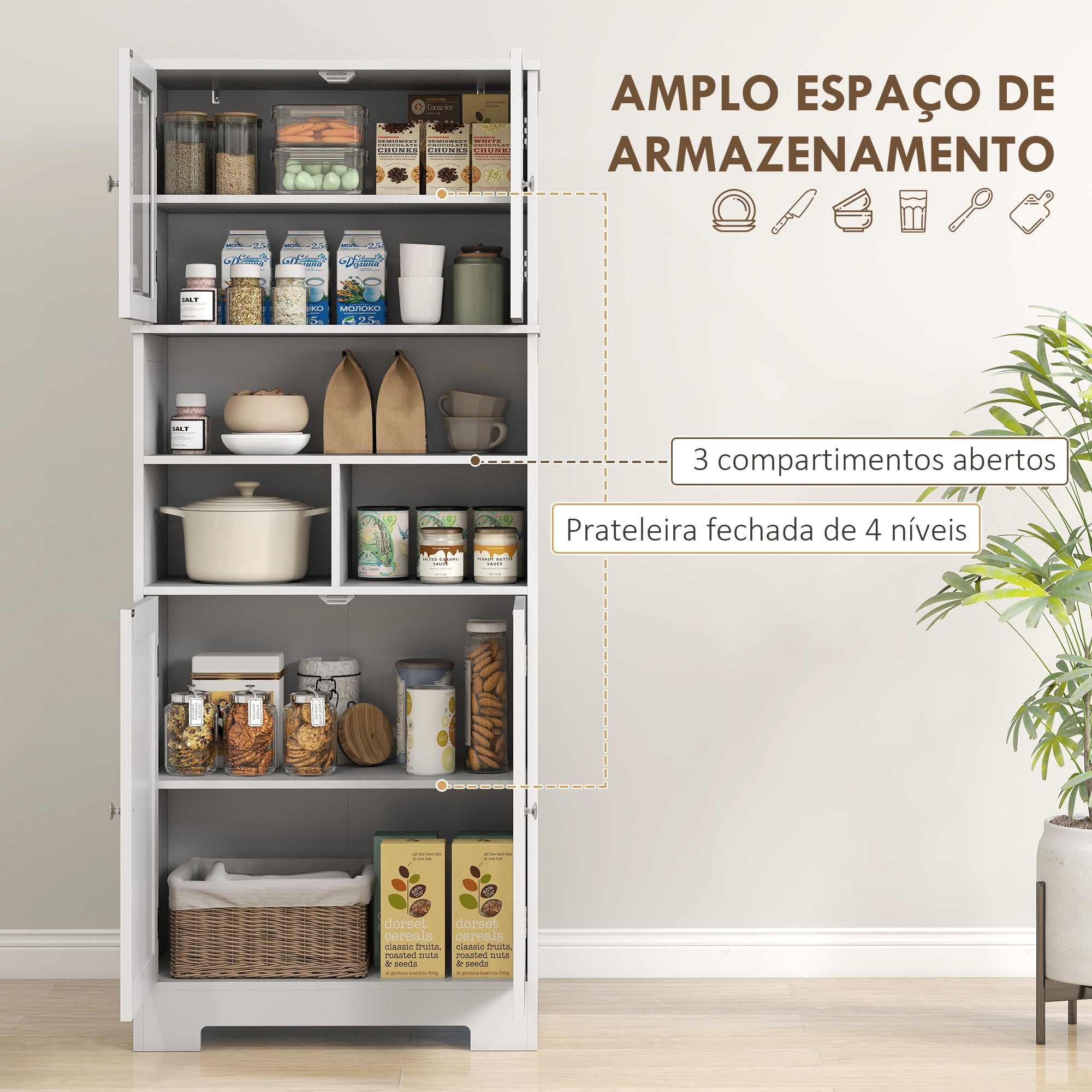 Armário Alto de Cozinha com 2 Portas de Vidro 60x30x145,5 cm - Branco