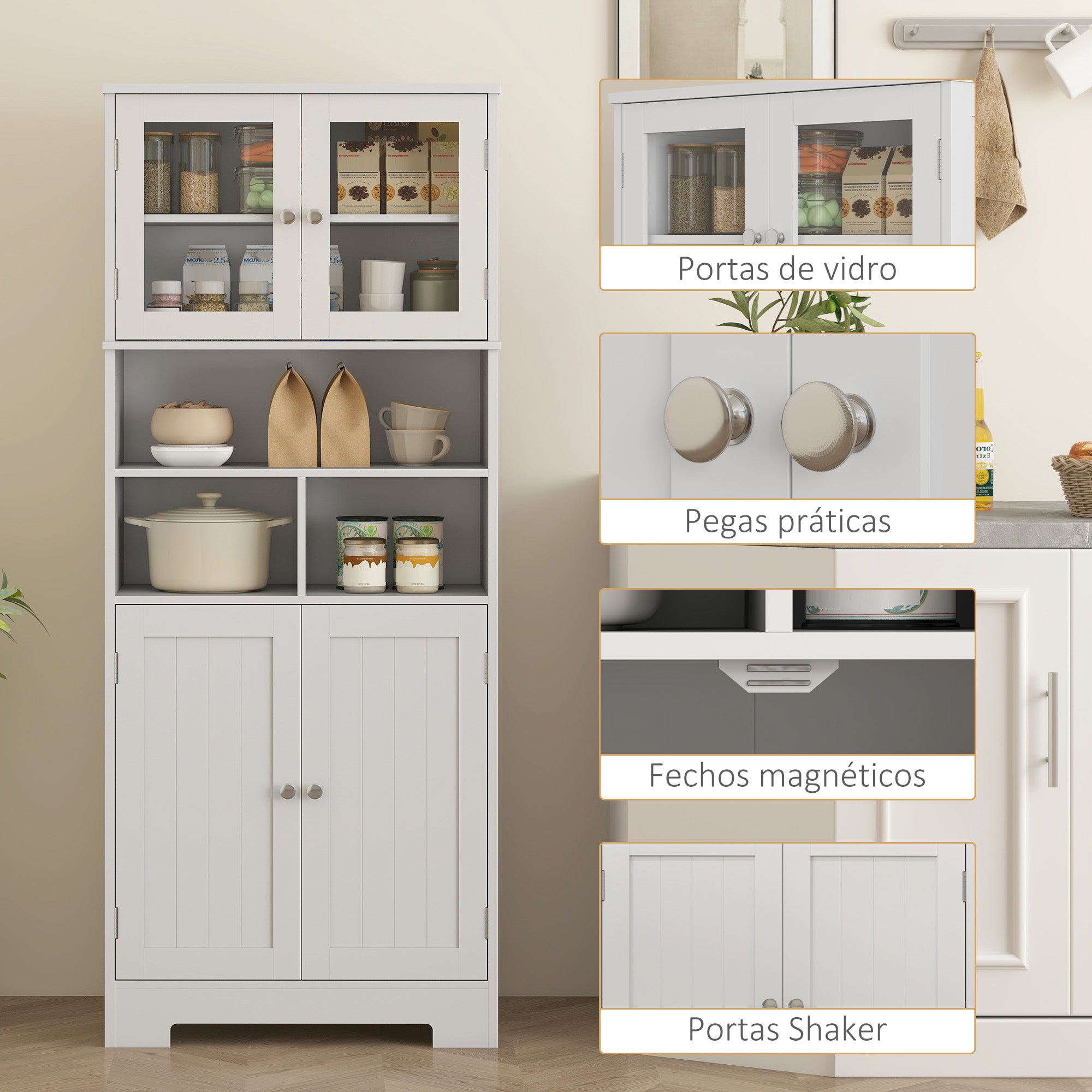 Armário Alto de Cozinha com 2 Portas de Vidro 60x30x145,5 cm - Branco