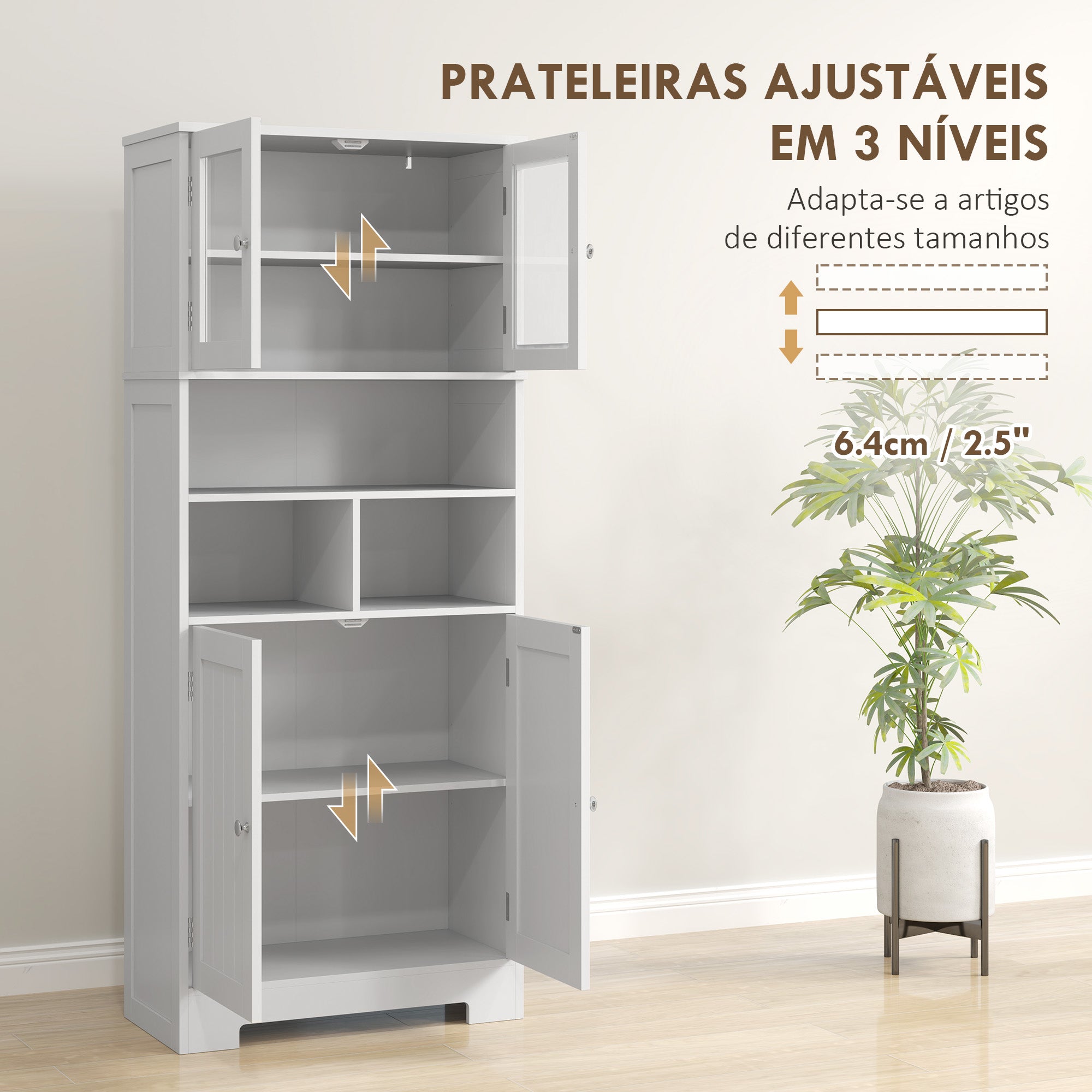 Armário Alto de Cozinha com 2 Portas de Vidro 60x30x145,5 cm - Branco