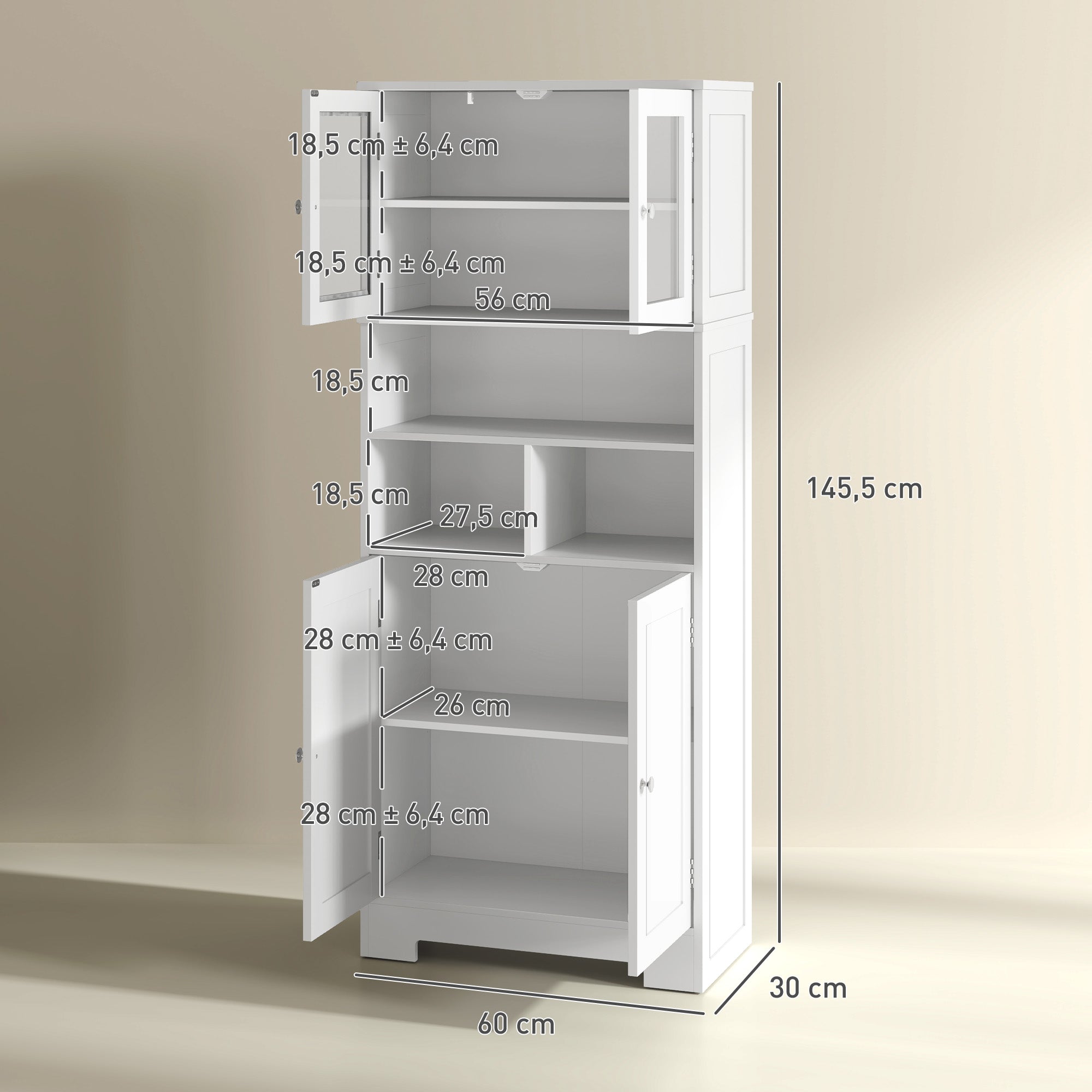 Armário Alto de Cozinha com 2 Portas de Vidro 60x30x145,5 cm - Branco