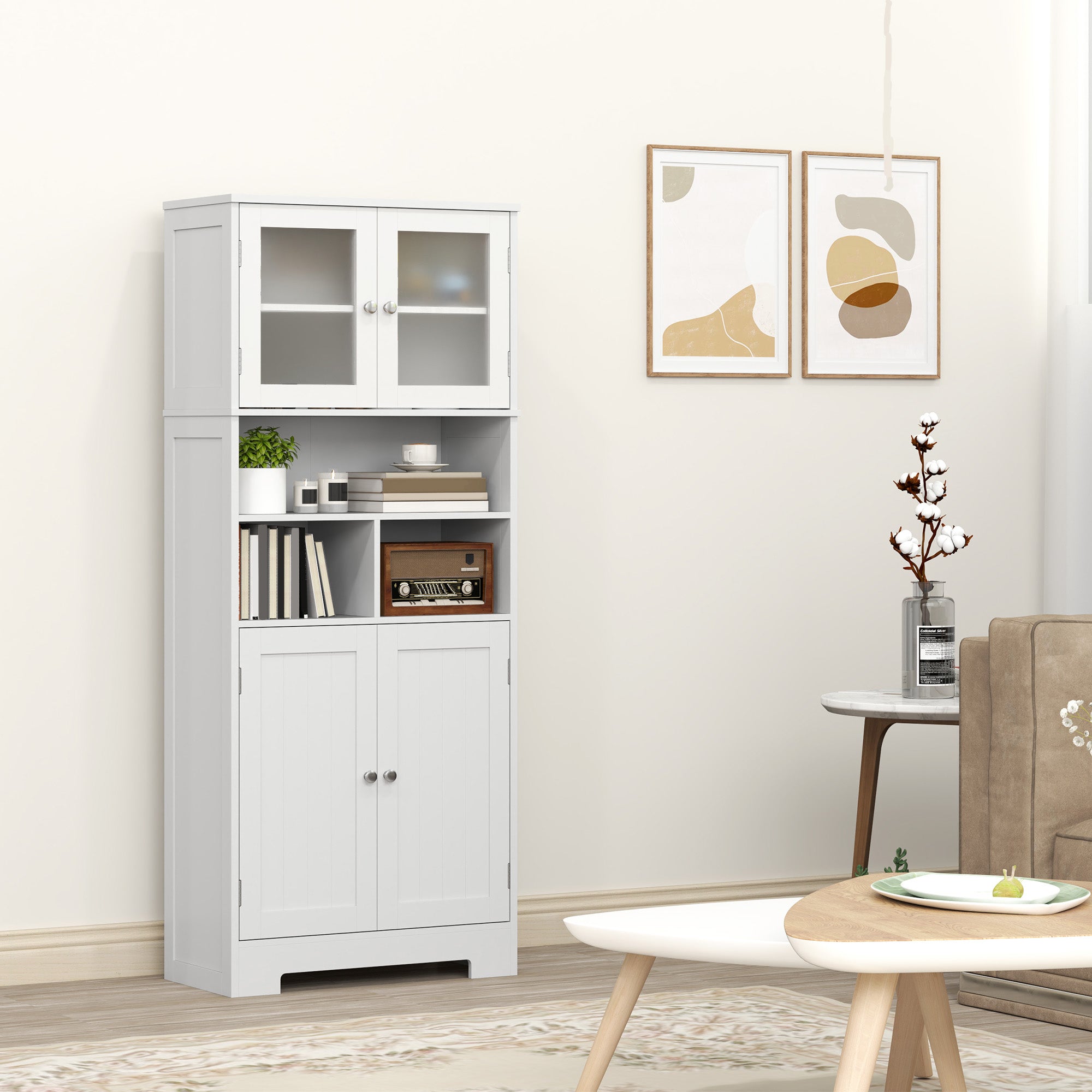 Armário Alto de Cozinha com 2 Portas de Vidro 60x30x145,5 cm - Branco