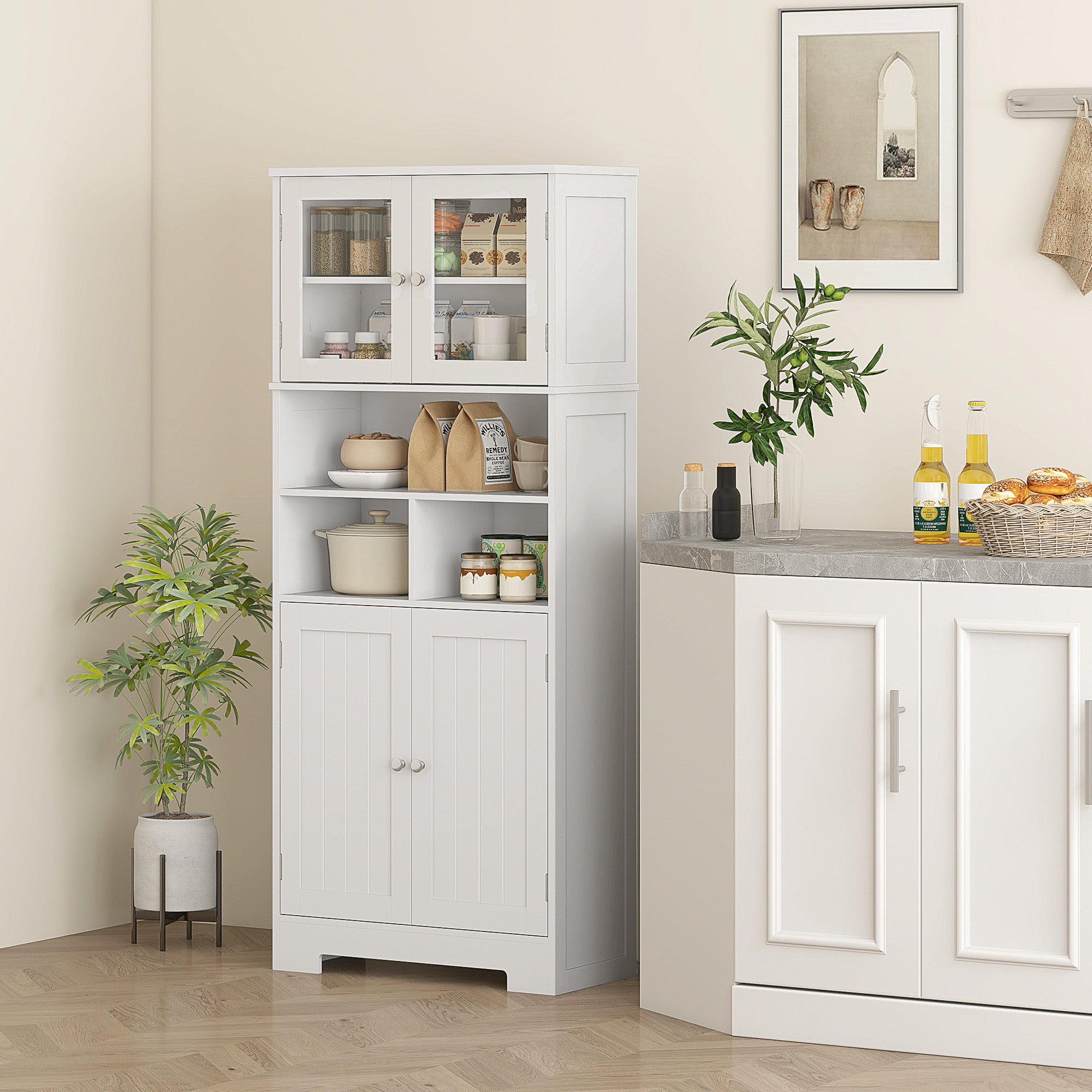 Armário Alto de Cozinha com 2 Portas de Vidro 60x30x145,5 cm - Branco