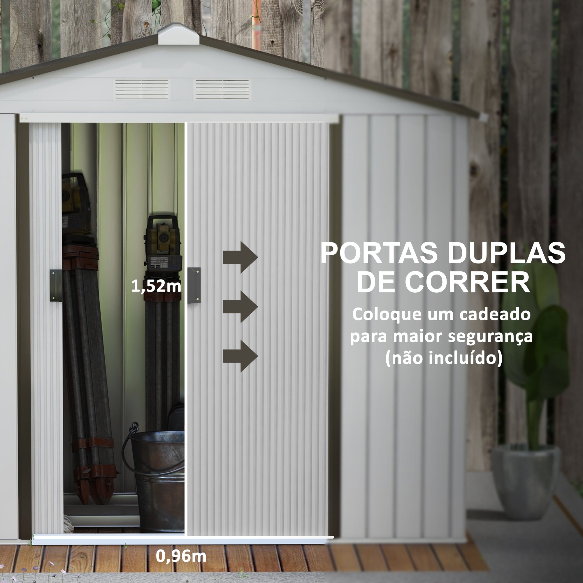 Abrigo de Jardim Metálico 213x130x185cm Branco, Cinzento e Prata
