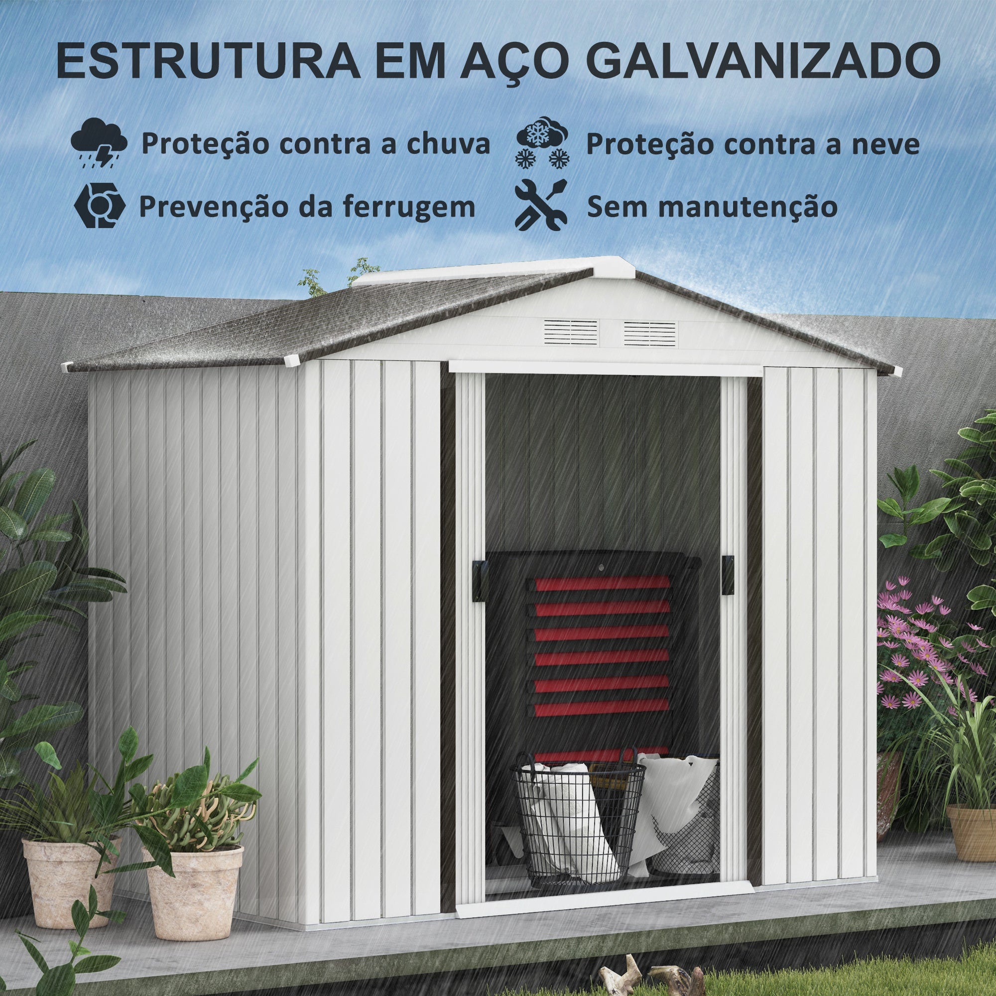 Abrigo de Jardim Metálico 213x130x185cm Branco, Cinzento e Prata